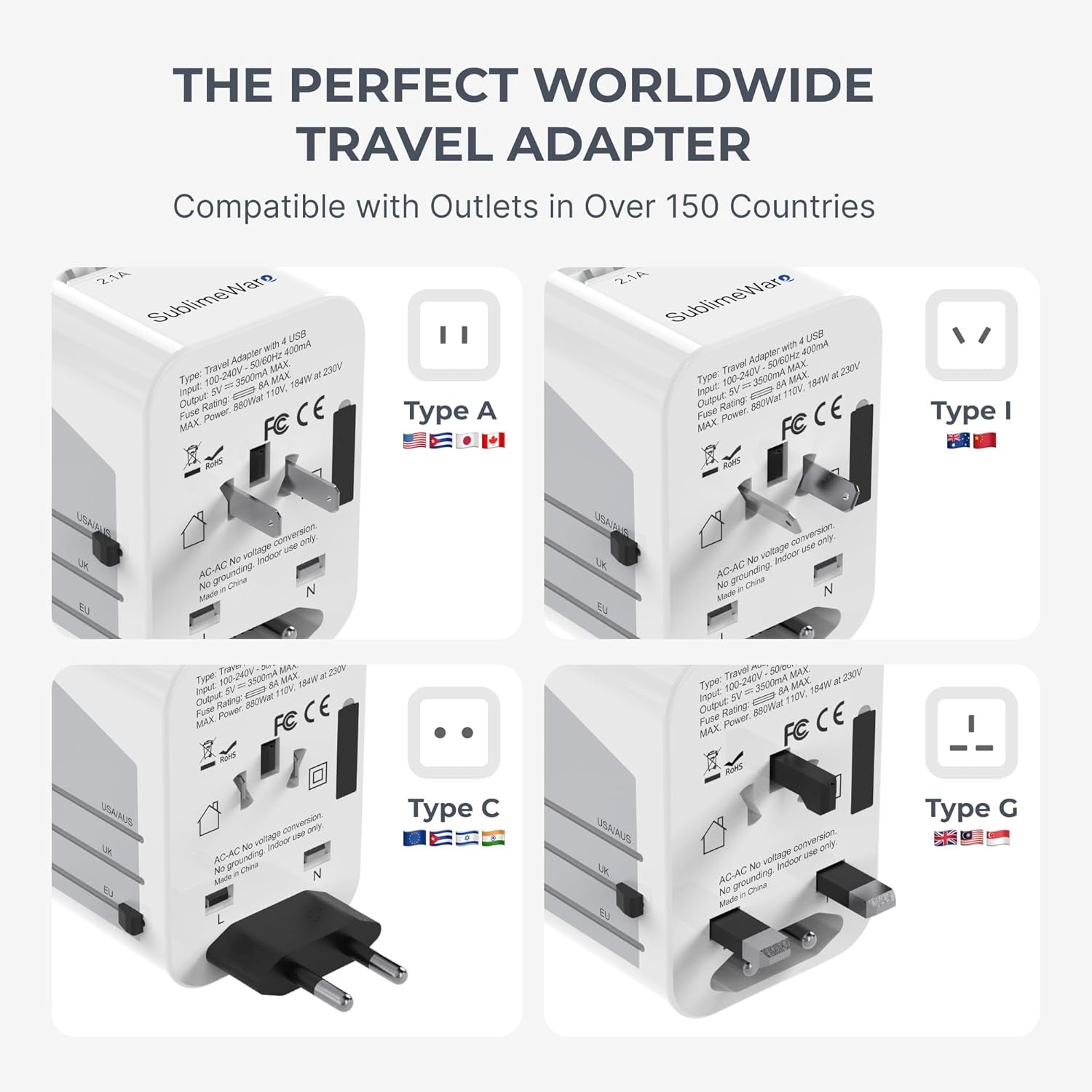 International Power Adapter Travel Plug - 4 USB Ports Universal Work for 150 Countries - 120 Volt Adapter - Adapter Type C Type a Type G Type I F for UK Japan China Eu Europe European by