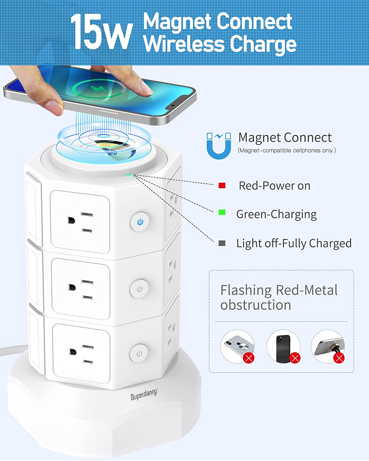 Power Strip Tower,  Surge Protector Tower with 15W Magnetic Wireless Charger, 1050J, 13A Charging Station with 12 AC Outlets & 6 USB Ports, 6.5Ft Extension Cord for Home Office, White