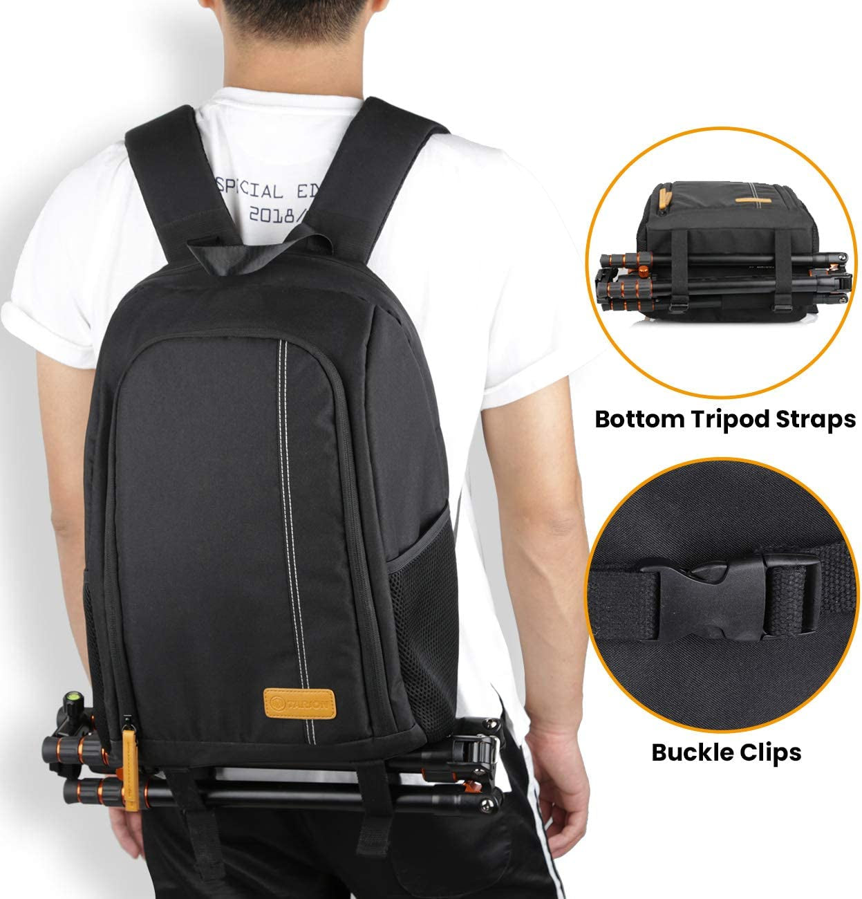 Camera Backpack Waterproof Camera Bag Large Capacity Camera Case Photography Backpack with 15In Laptop Compartment Rain Cover for Men Women Photographer DSLR SLR Cameras Lens Tripod Black TB-02