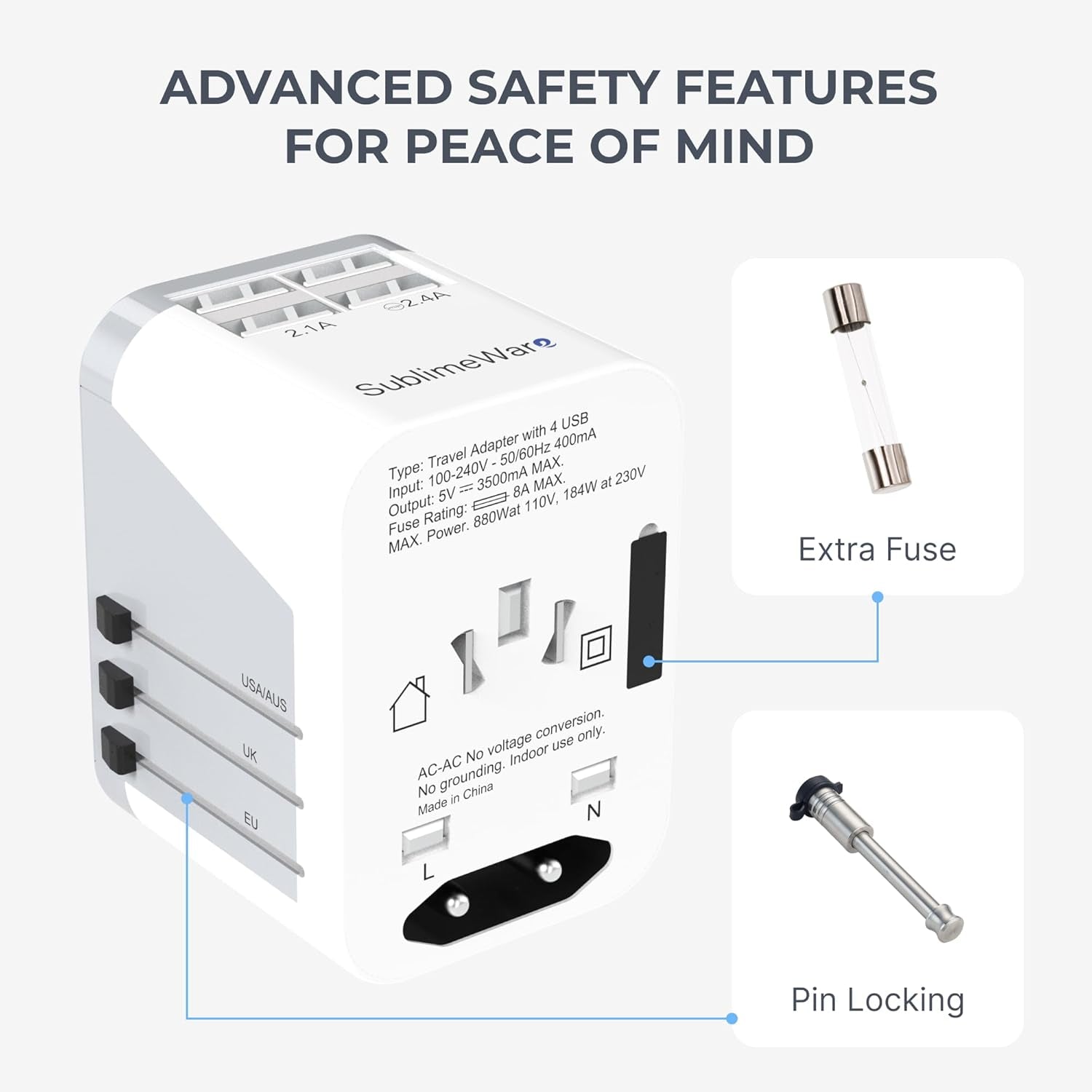 International Power Adapter Travel Plug - 4 USB Ports Universal Work for 150 Countries - 120 Volt Adapter - Adapter Type C Type a Type G Type I F for UK Japan China Eu Europe European by