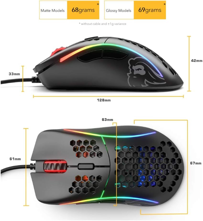 Model D Wired Gaming Mouse - 68G Superlight Honeycomb Design, RGB, Ergonomic, Pixart 3360 Sensor, Omron Switches, PTFE Feet, 6 Buttons - Glossy White