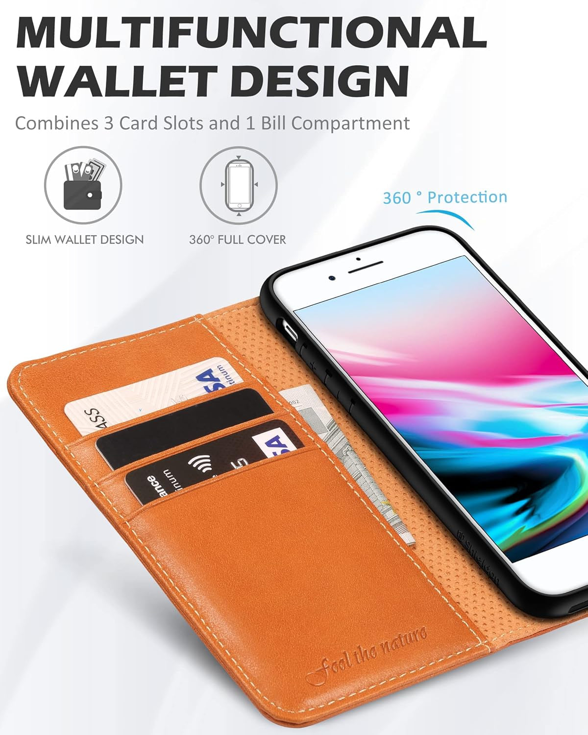 Wallet Case for Iphone 8 Plus, Genuine Leather Iphone 7 plus Case Kickstand Book Design with Flip Cover Credit Card Slot Magnetic Closure Compatible with Iphone 8 Plus/Iphone 7 plus - Brown