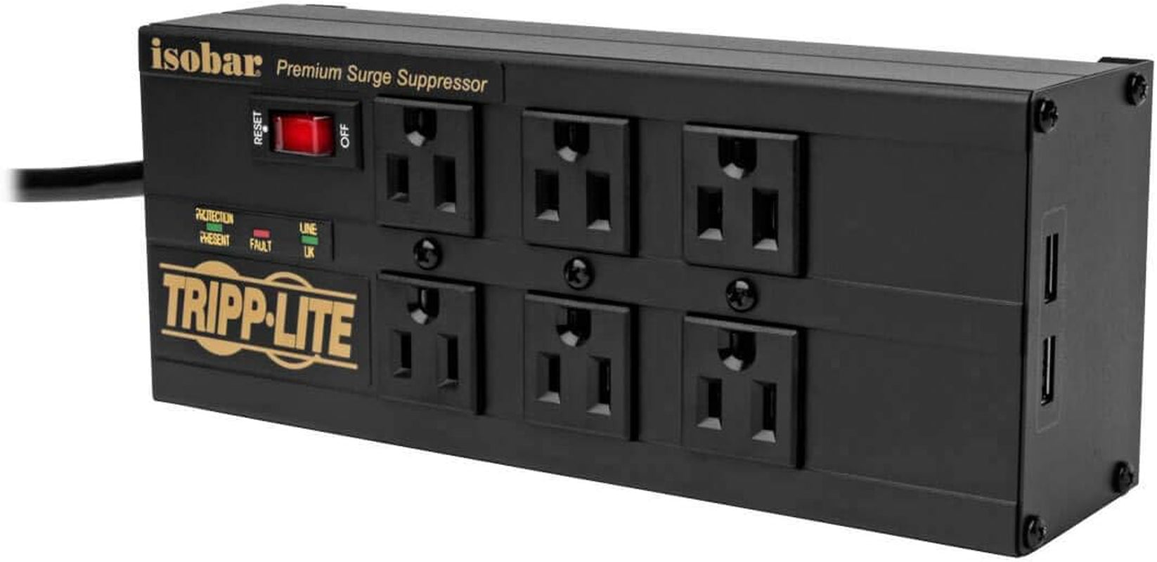 Isobar 6 Outlet Surge Protector Power Strip with 2 USB Charging Ports,10Ft Long Cord,Right-Angle Plug, Metal, 3840 Joules,Lifetime Limited Warranty & $50K Insurance (Ibar6Ultrausbb)Black