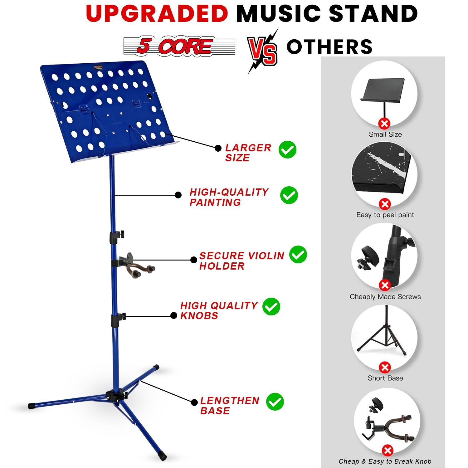 5 Core Music Stand For Sheet Music Height Adjustable Portable Folding Atril Para Partituras w Light Clip for Guitar Players Violinists Cellists Pianists - MUS FLD HD ACC BLU