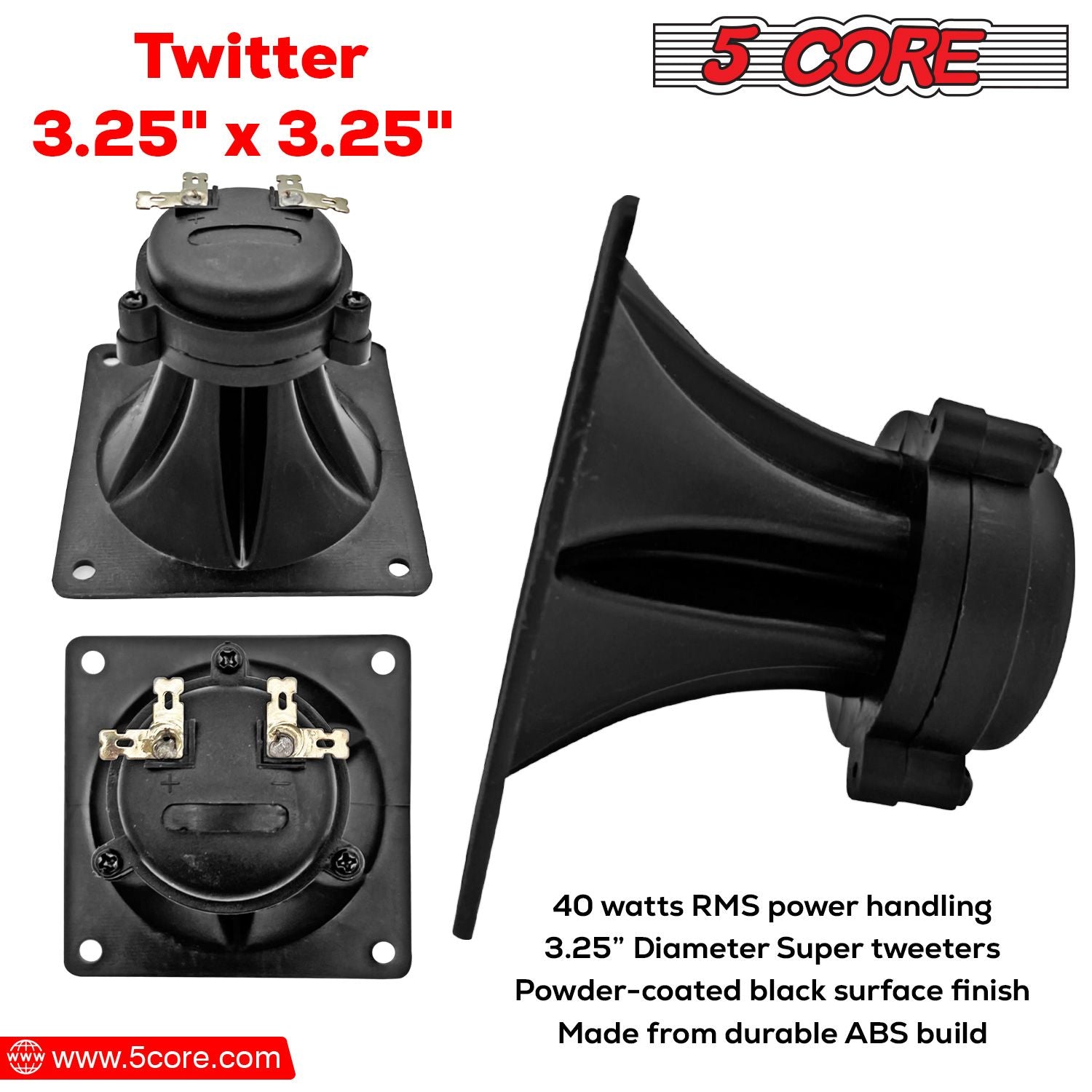 5 Core Tweeter 3.25" x 3.25" • 40W Max Component Square Driver • Piezo Horn Element Super Replacement DJ Tweeters • for Smooth Extended Frequency Response- TW 303 SQ