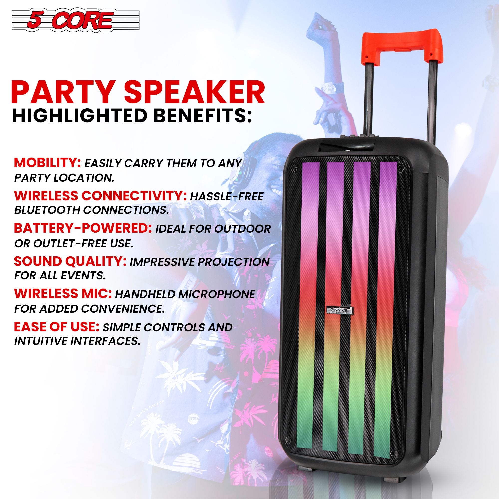 5 Core 8 Inch Bluetooth DJ Speaker 3 Way Boom Box Party Speakers Karaoke Machine Portable PA Bocina for Singing with 2 Wireless Microphone + Light PLB 8X2 2MIC