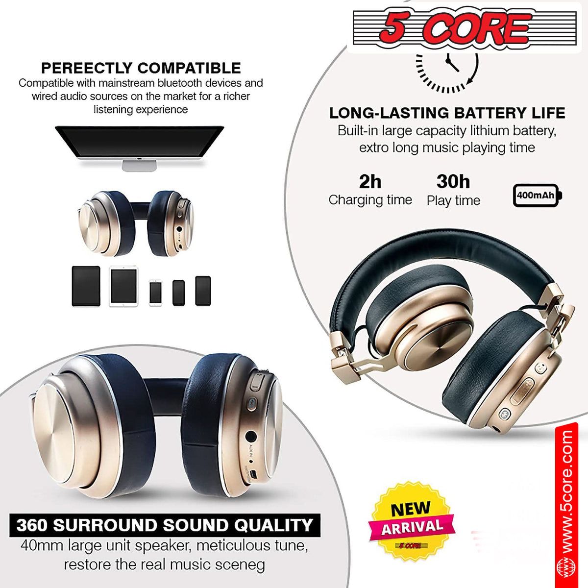 5 Core Headphone Bluetooth Di atas Telinga Noise Membatalkan Headset Stereo Headphone Dengan Cangkir Telinga empuk + Headband yang Dapat Disesuaikan - Headphone 13 G