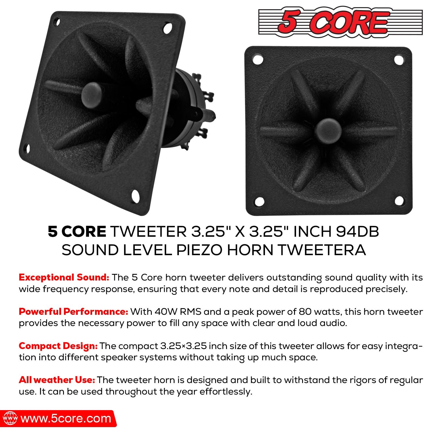 5 Core Tweeter 3.25" x 3.25" • 40W Max Component Square Driver • Piezo Horn Element Super Replacement DJ Tweeters • for Smooth Extended Frequency Response- TW 303 SQ