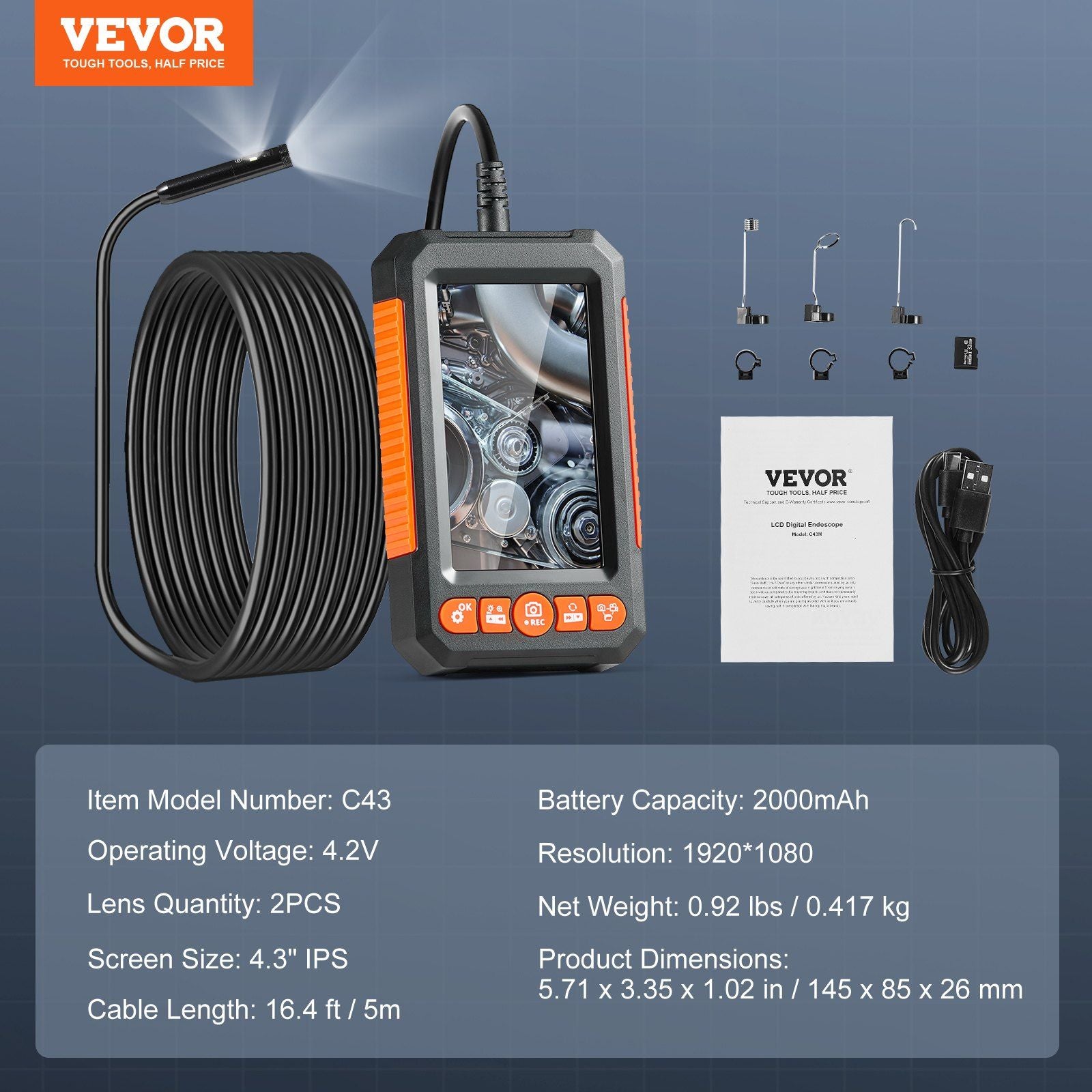 VeVor Endoscope -kamera med lampor Dual Lens Borescope 16.4ft Kabel 4.3 "Skärm