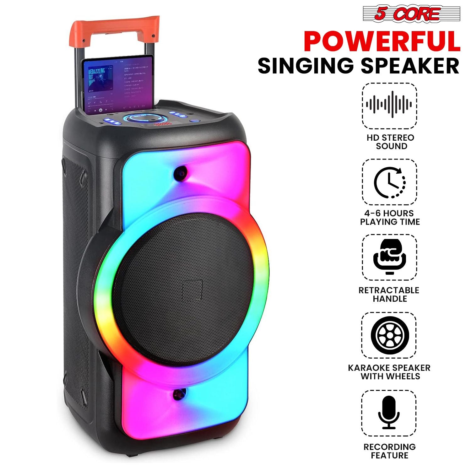 5 Core 12 Inch Bluetooth DJ Speaker Boom Box Party Speakers Karaoke Machine Portable PA Bocina for Singing with 2 Wireless Microphone + Light PLB 12X1 2MIC