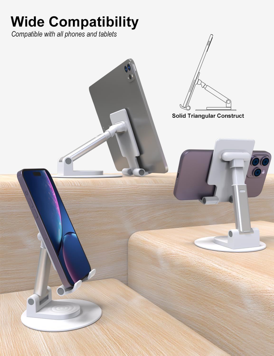 360 ° Solder de telefone celular rotativo para mesa, suporte de telefone totalmente dobrável, suporte de mesa ajustável em ângulo e altura, para escritório e cozinha, se encaixa em todos os smartphones, iPhone, switch, tablet