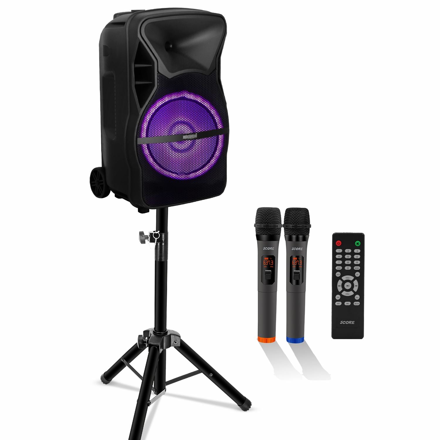 5 CORE 12 Inch TWS PAIR Bluetooth Party Speakers 500 Watt Portable Karaoke PA System Rechargeable Loud Speaker + Tripod Stand & 2x Wireless Mics LED Light : Active Home 12 2-MIC