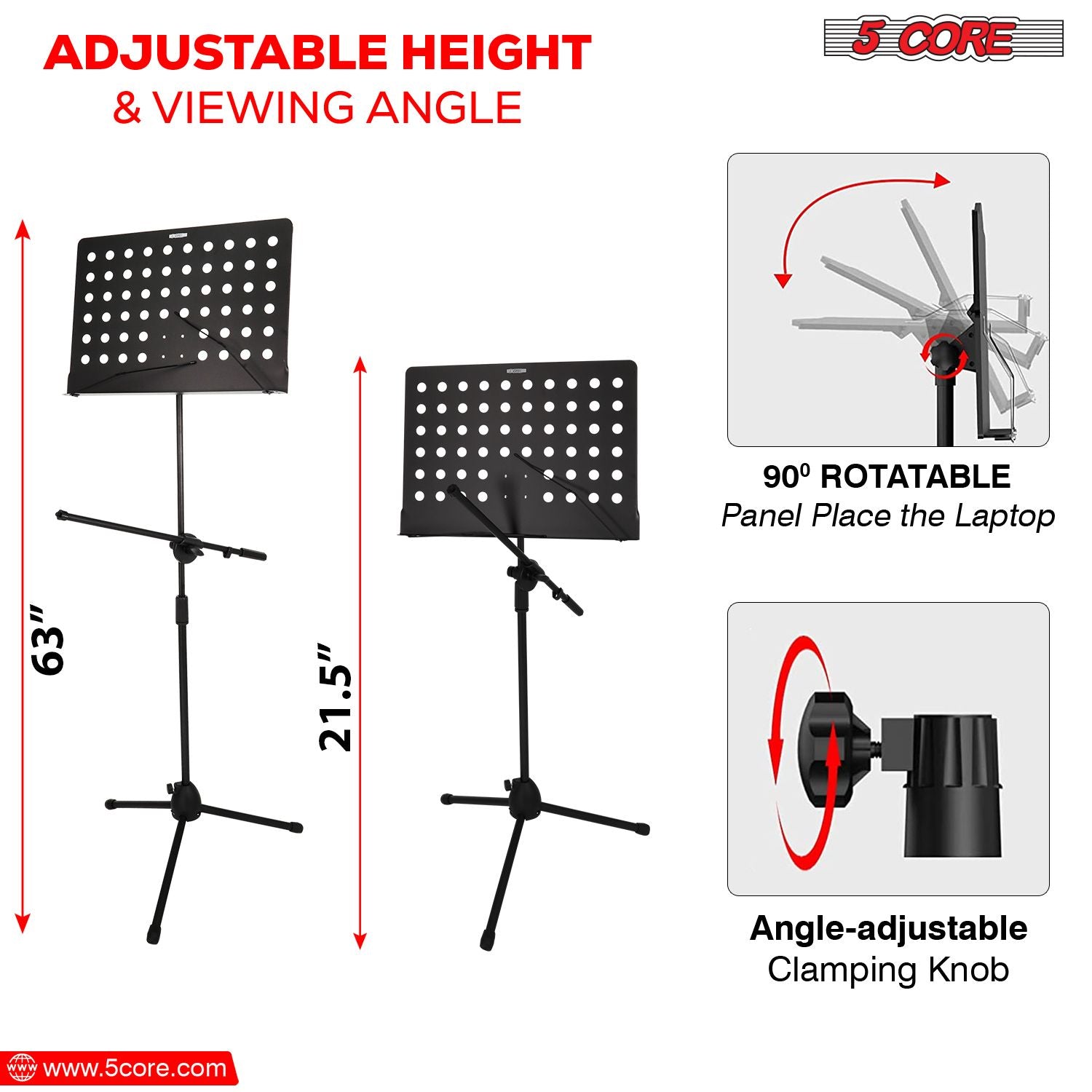 5 Core Music Stand 2-in-1 Stand Professional Sheet Music Stand مع حامل ميكروفون قابل للفصل ، 21.6'--63 'قابلة للتعديل مع الكتب الموسيقية ذات الاستخدام المزدوج والاستعدادات ، Super Sturdy Heavy-Mus MH