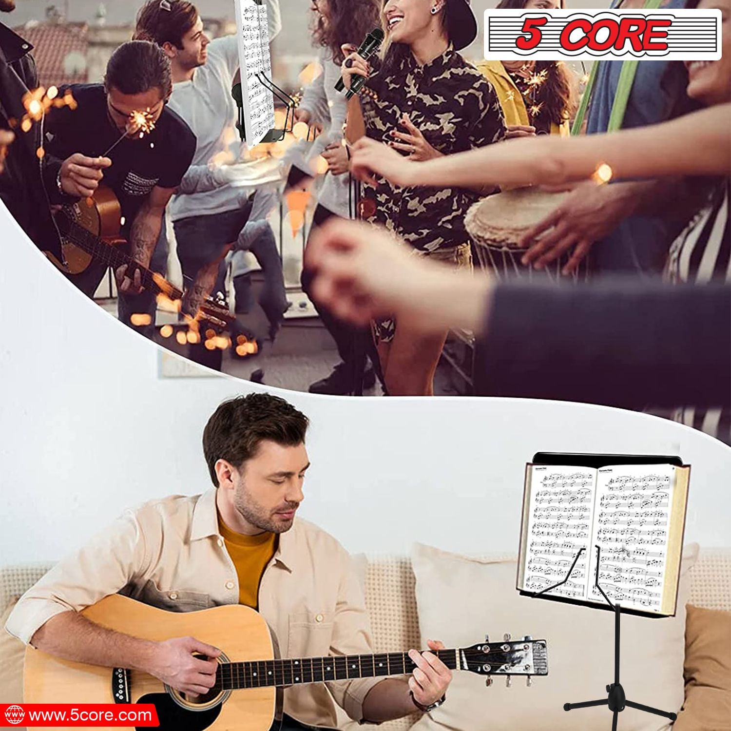 5 Core Music Stand 2-in-1 Stand Professional Sheet Music Stand مع حامل ميكروفون قابل للفصل ، 21.6'--63 'قابلة للتعديل مع الكتب الموسيقية ذات الاستخدام المزدوج والاستعدادات ، Super Sturdy Heavy-Mus MH