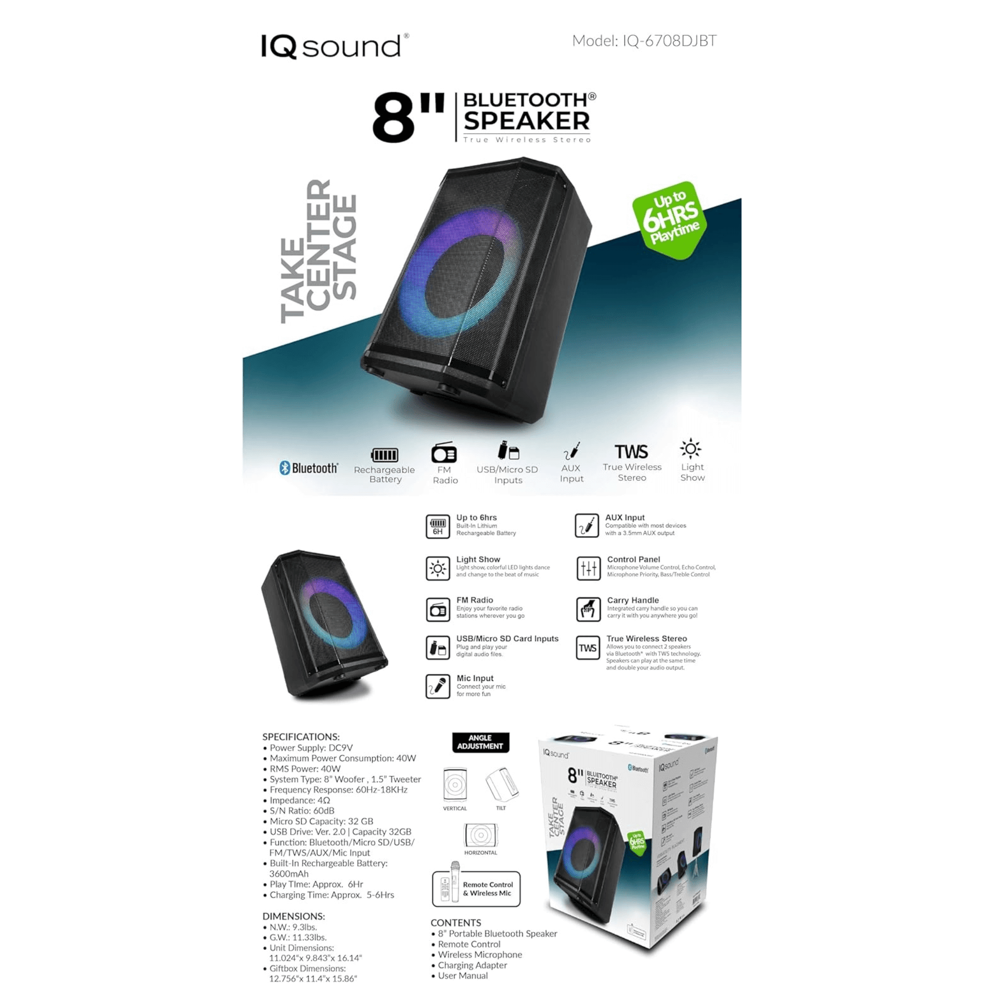 IQ Sound 8" Bluetooth Speaker with True Wireless Technology