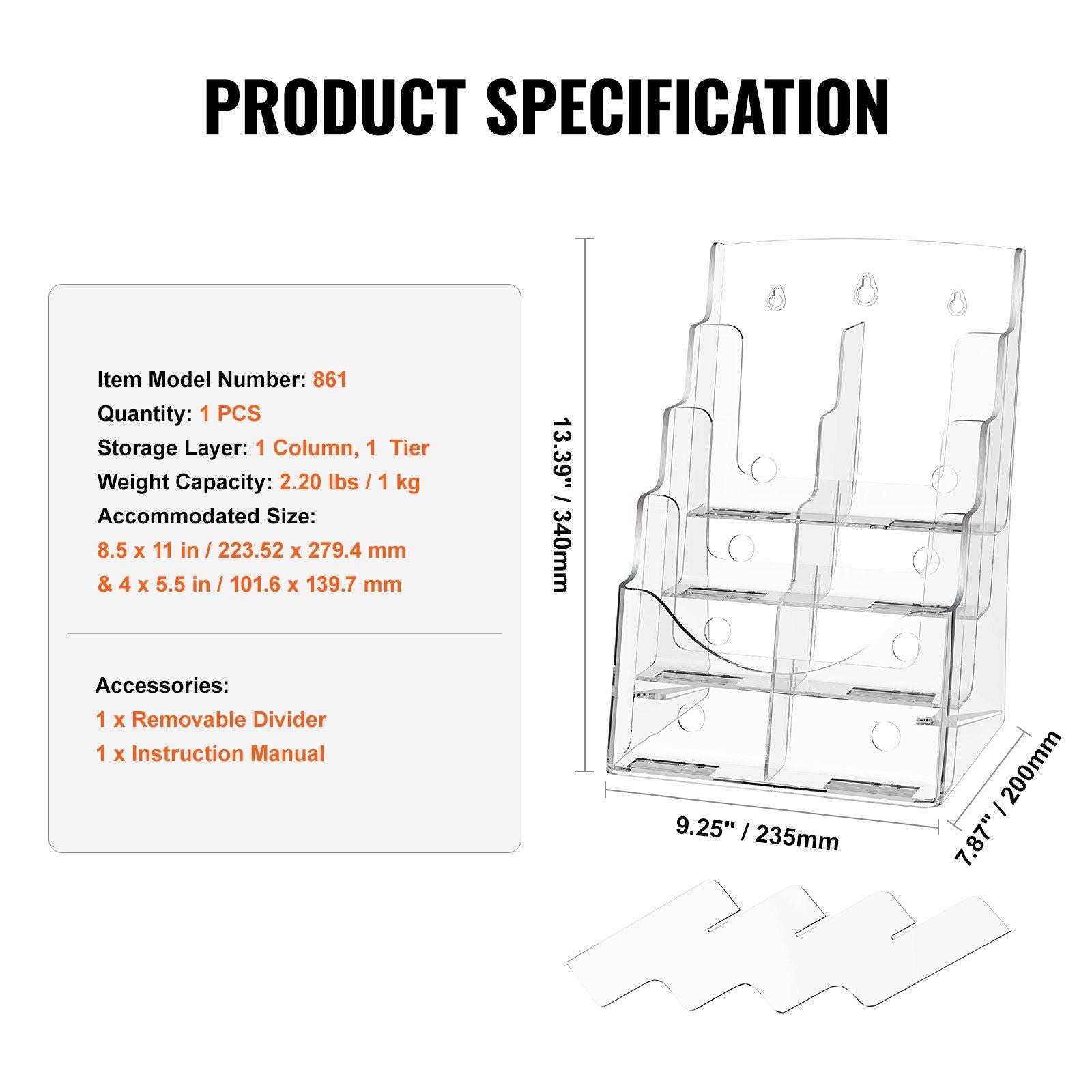 VEVOR Acrylic Brochure Holder 8.5 x 11 inch, 4-Tier Clear Acrylic Literature Display Stand, Plastic Literature Organizer Flyer Stand & Removable Divider for Office Exhibition, Countertop or Wall Mount