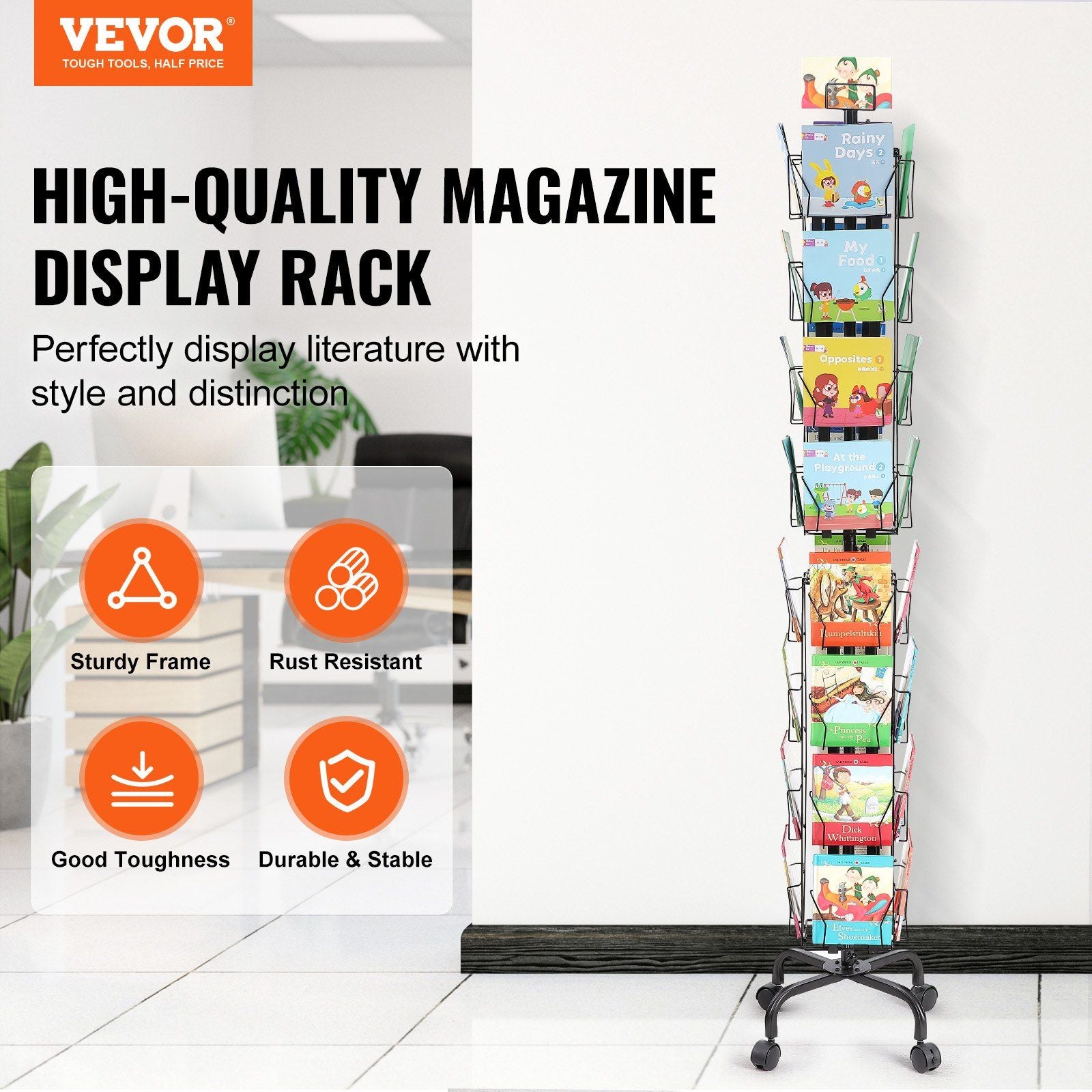 Vevor gratulationskort display rack, 32 fickor roterande vykort broschyr display stativ, 360 ° spinning kort display rack med skylthållare & 4 hjul (2 låsbara) för utställnings kontor mässan mässa