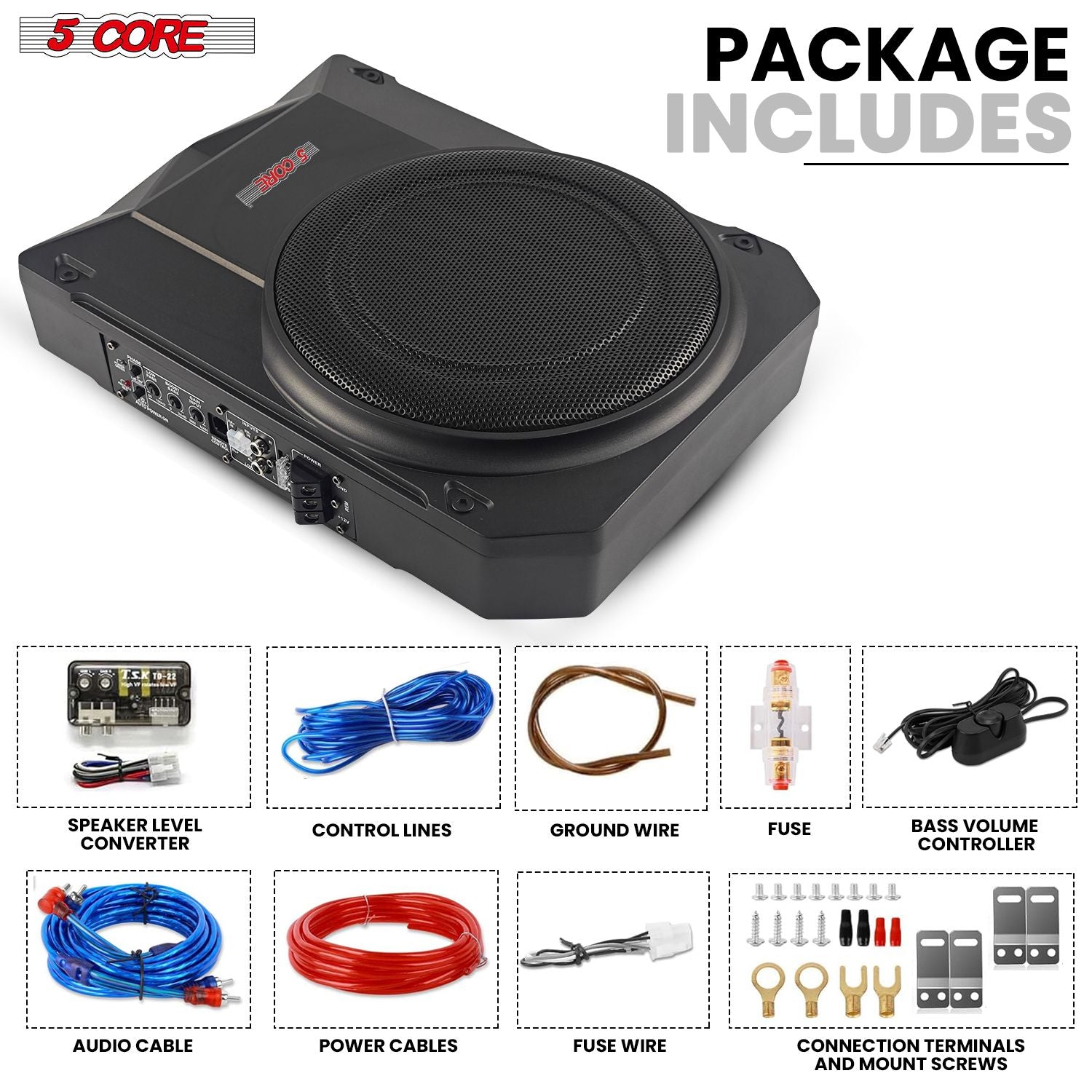 5 Kärna 10 tum Slim Under Seat Car Audio Subwoofer 800W Active Powered Under -Seat Byggt i förstärkare Truck Sub Woofer i Enclosure Box + Wiring Kit & Remote Control - BTUBE UNDR ST 150