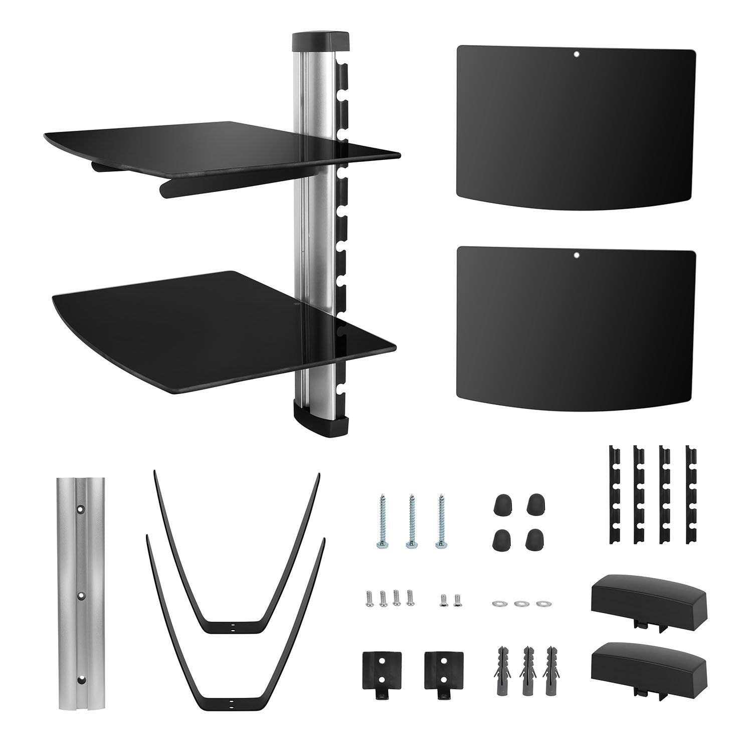 2 Tier Dual Glass Shelf Wall Mount para sa mga DVD Player/ Cable Boxes/ TV Accessories