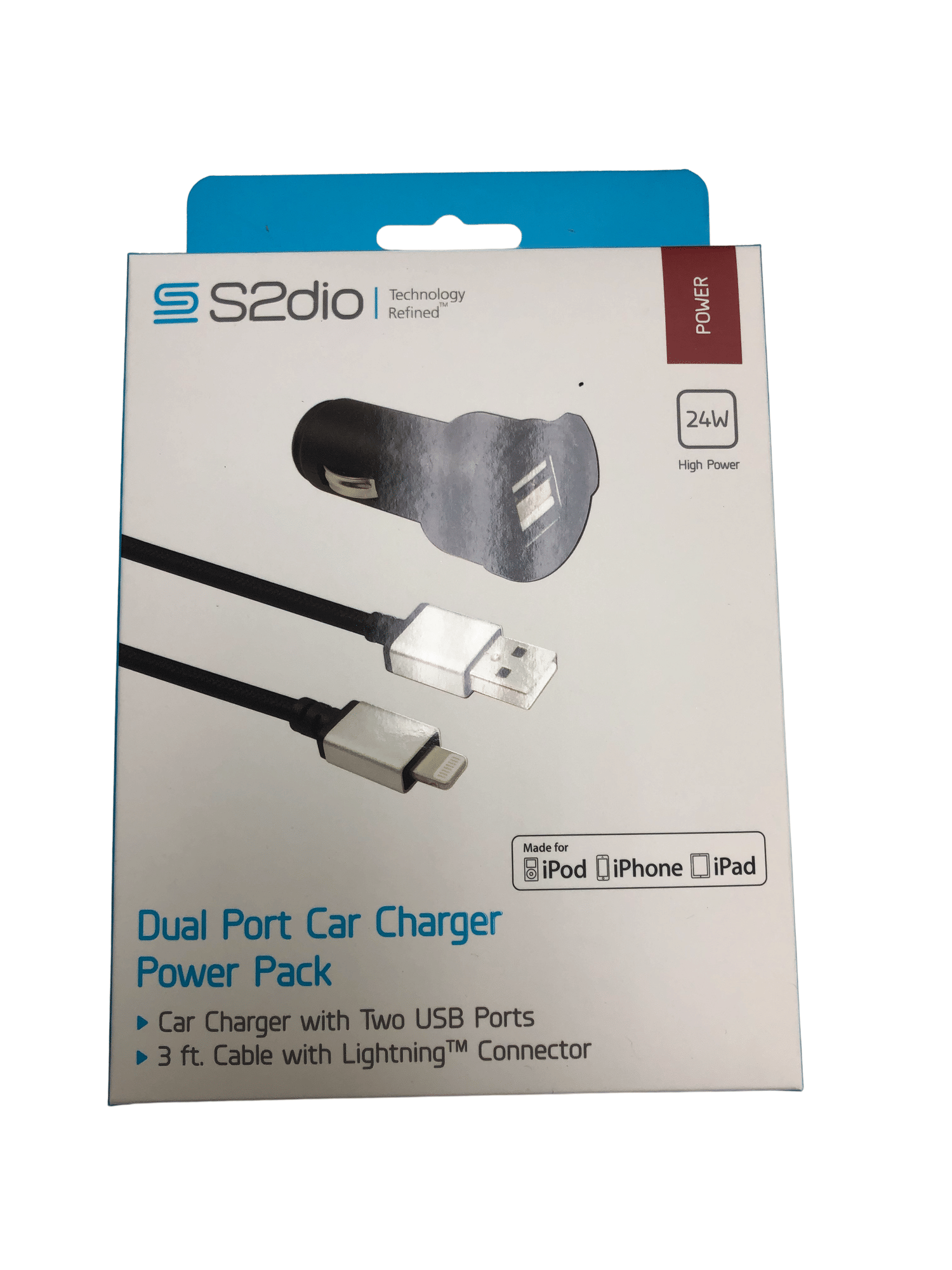 Dual USB -billader; 4.8a utgang;  Sigarettenner spenningsmåler kompatibel med Apple iPhone;  iPad;  Samsung Galaxy;  LG;  Google Nexus;  USB -ladeenheter;  og MFI lynkabel;  Sølv