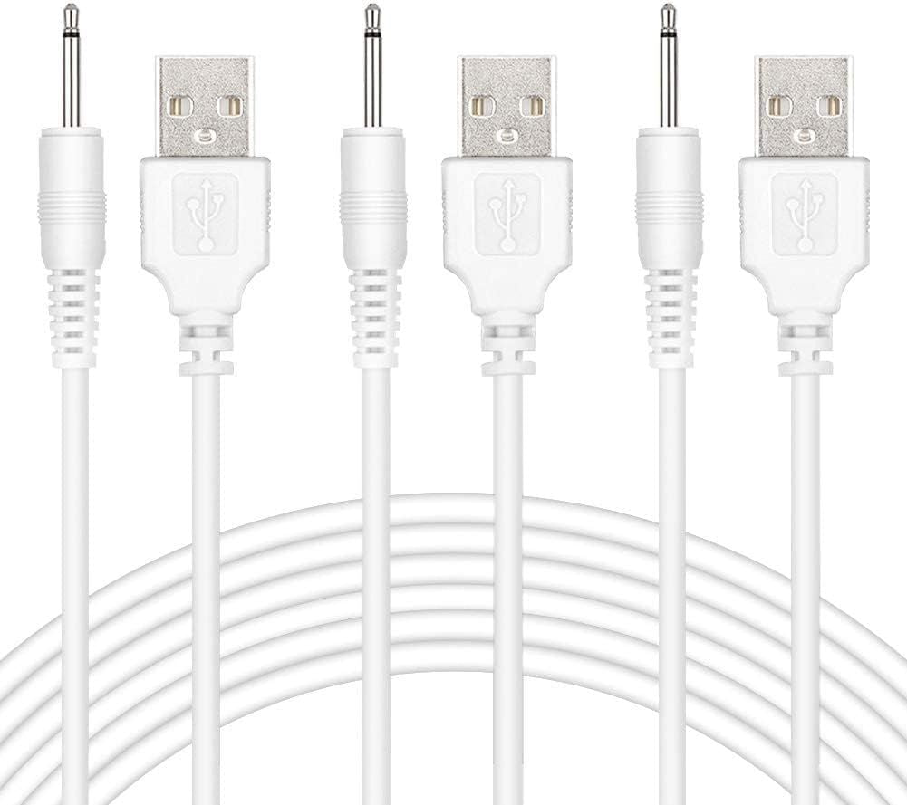 3 Pack Replacement DC Charging Cable 2.5mm with Fast DC USB Charger Cable Cord Adapter Technology for Universal Vibrating Wand Massagers and Toys, 2ft White