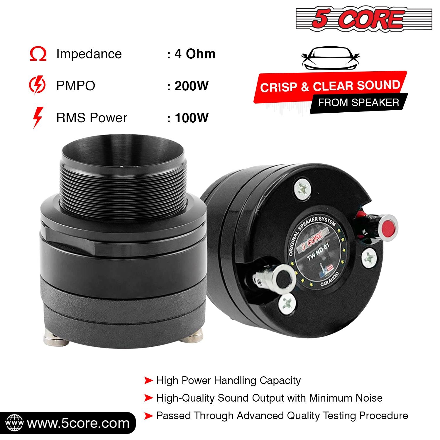 5 Core Super Tweeter • 1" 200W Max 4 Ohm Neodymium Magnet • Titanium Bullet Speaker Horn • High Frequency • Heavy Duty Aluminum Frame- TW ND 01 1PC