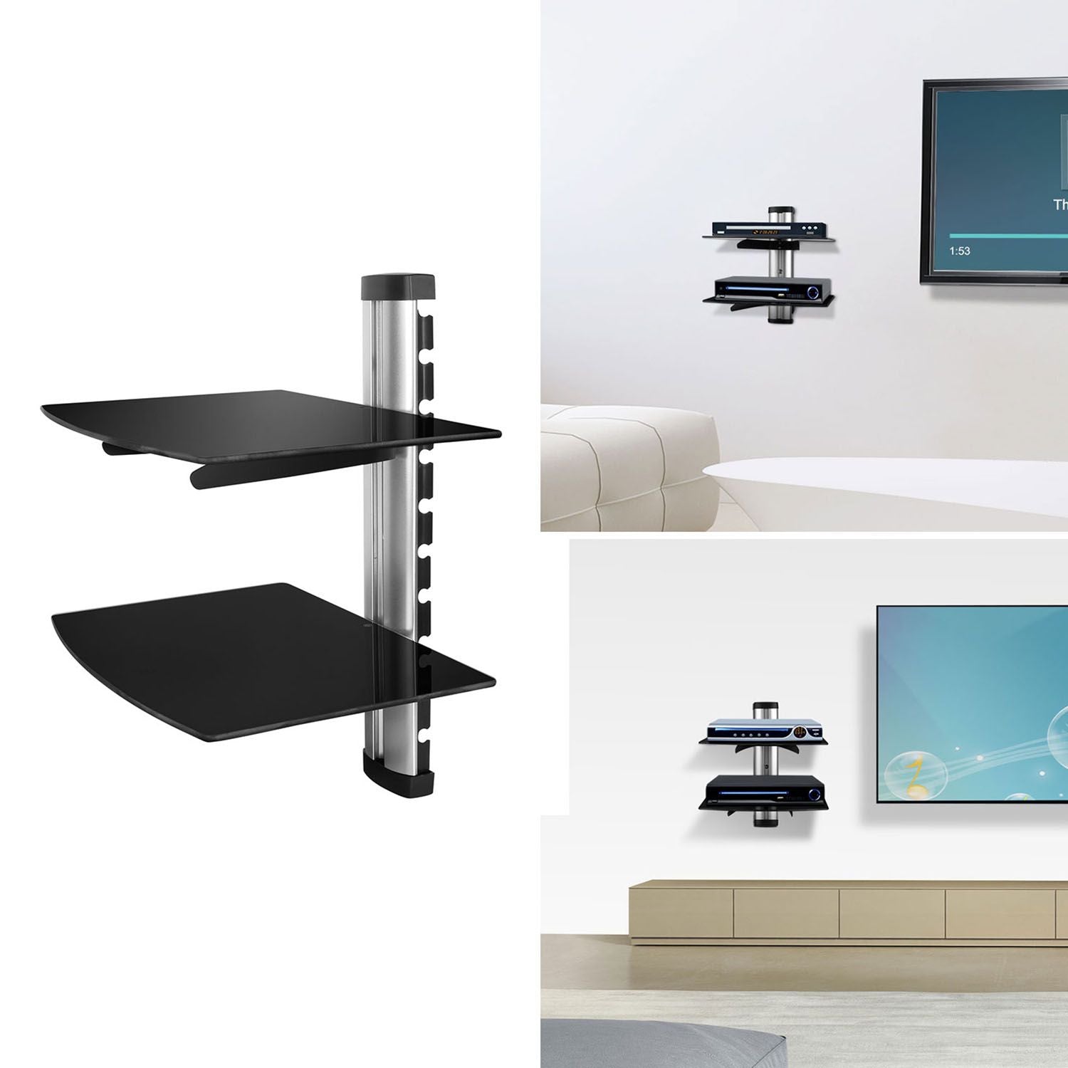 2 Tier Dual Glass Shelf Wall Mount para sa mga DVD Player/ Cable Boxes/ TV Accessories