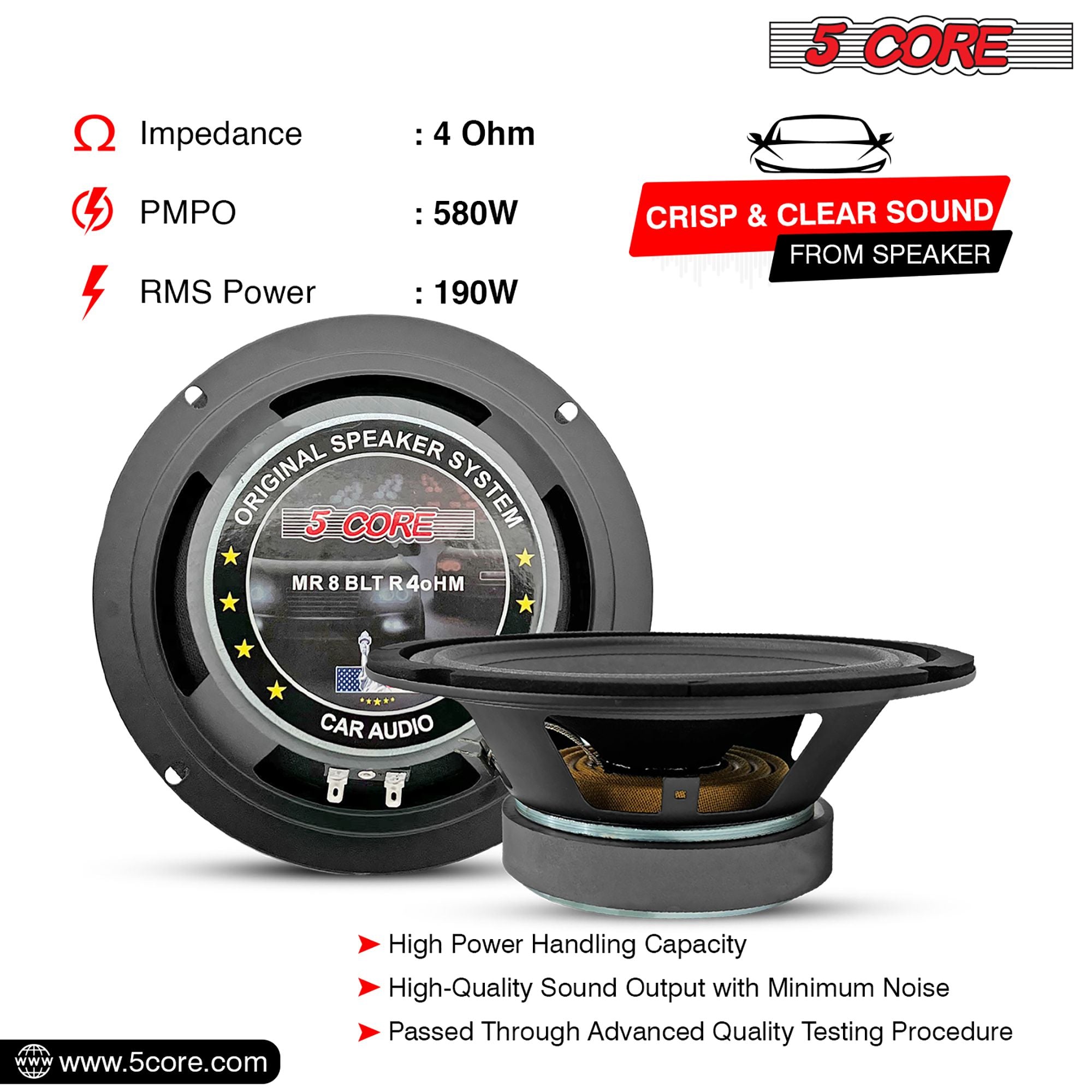 5 CORE 8 Inch Mid Range Bullet Pro Audio Car Speaker Red Aluminium Bullet Loudspeaker 500W Max 4 Ohms - Premium Quality Audio Door Speakers for Car or Truck Stereo Sound System MR 8 BLT 4oHM