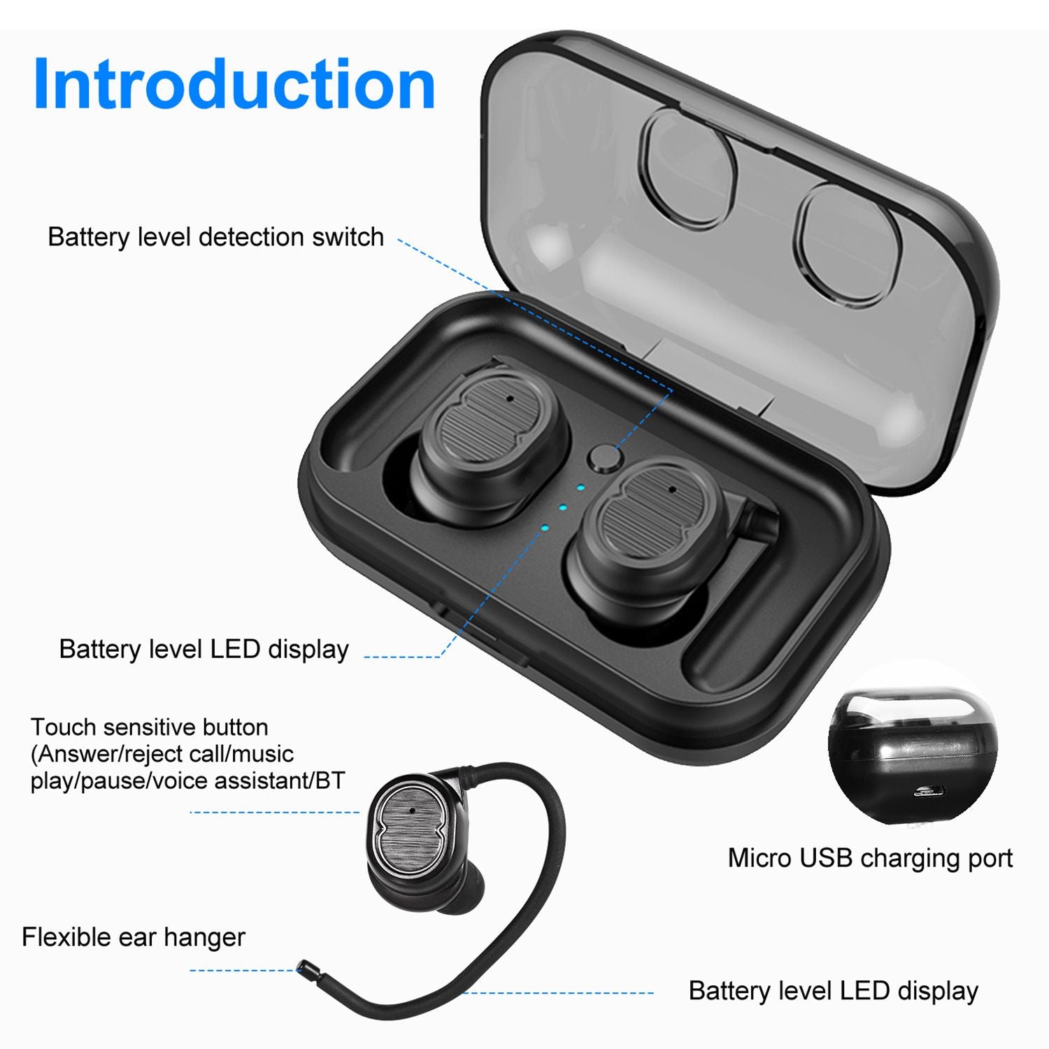 TWS Wireless 5.0 Earbuds IPX4 Touch In-Ear Earphone Earphone Membatalkan earpieces 32.8 FT Range Transmisi