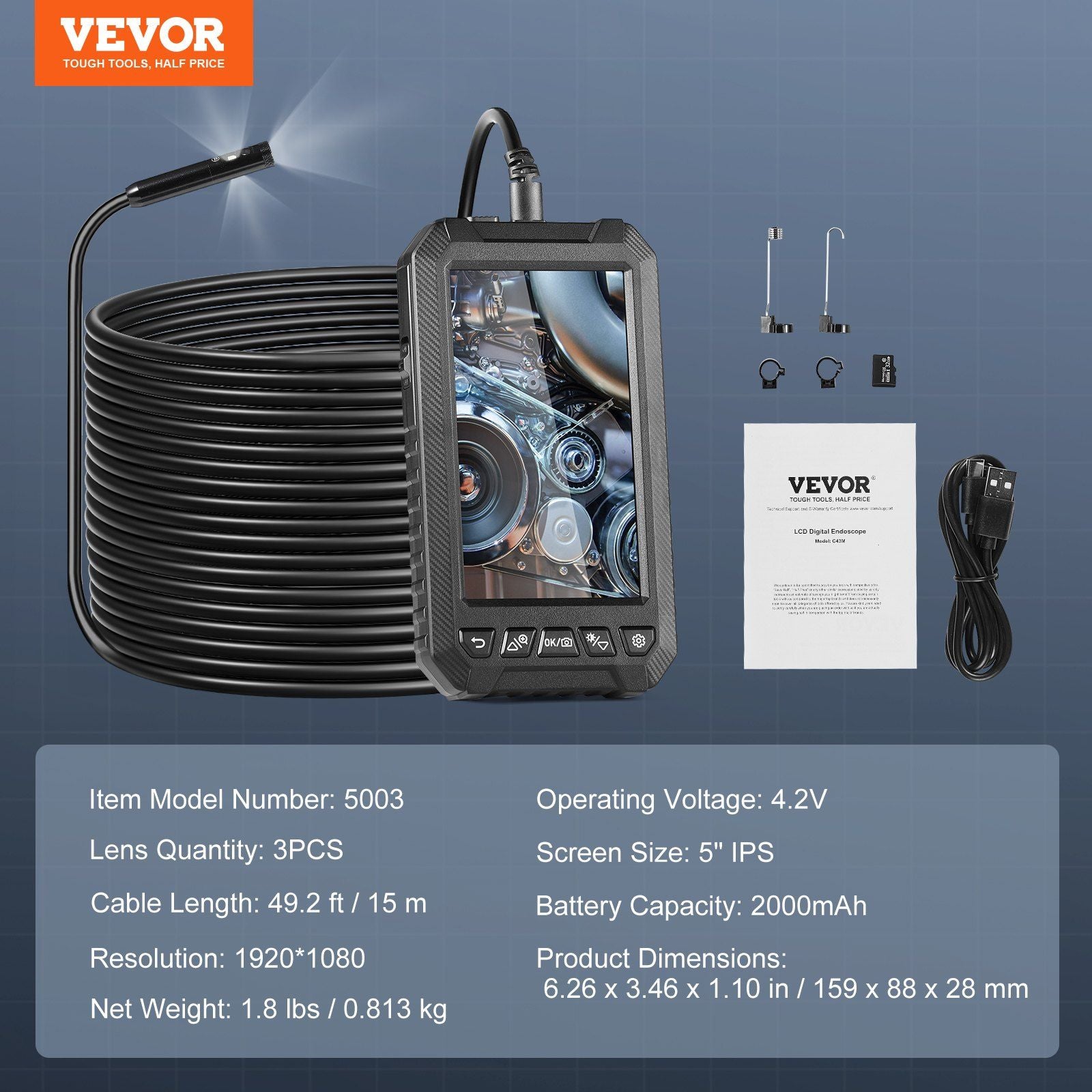 Kamera endoskop Vevor dengan lampu triple lensa borescope 49.2ft kabel 5 "layar