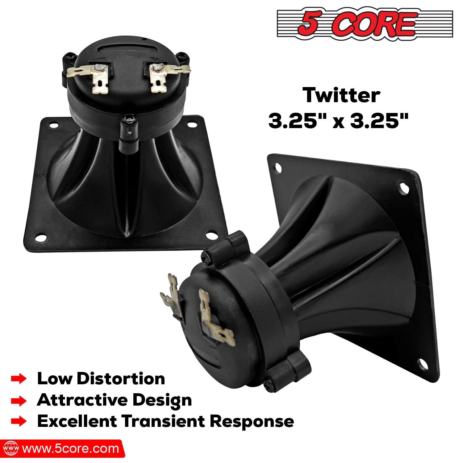 5 Core Tweeter 3.25" x 3.25" • 40W Max Component Square Driver • Piezo Horn Element Super Replacement DJ Tweeters • for Smooth Extended Frequency Response- TW 303 SQ