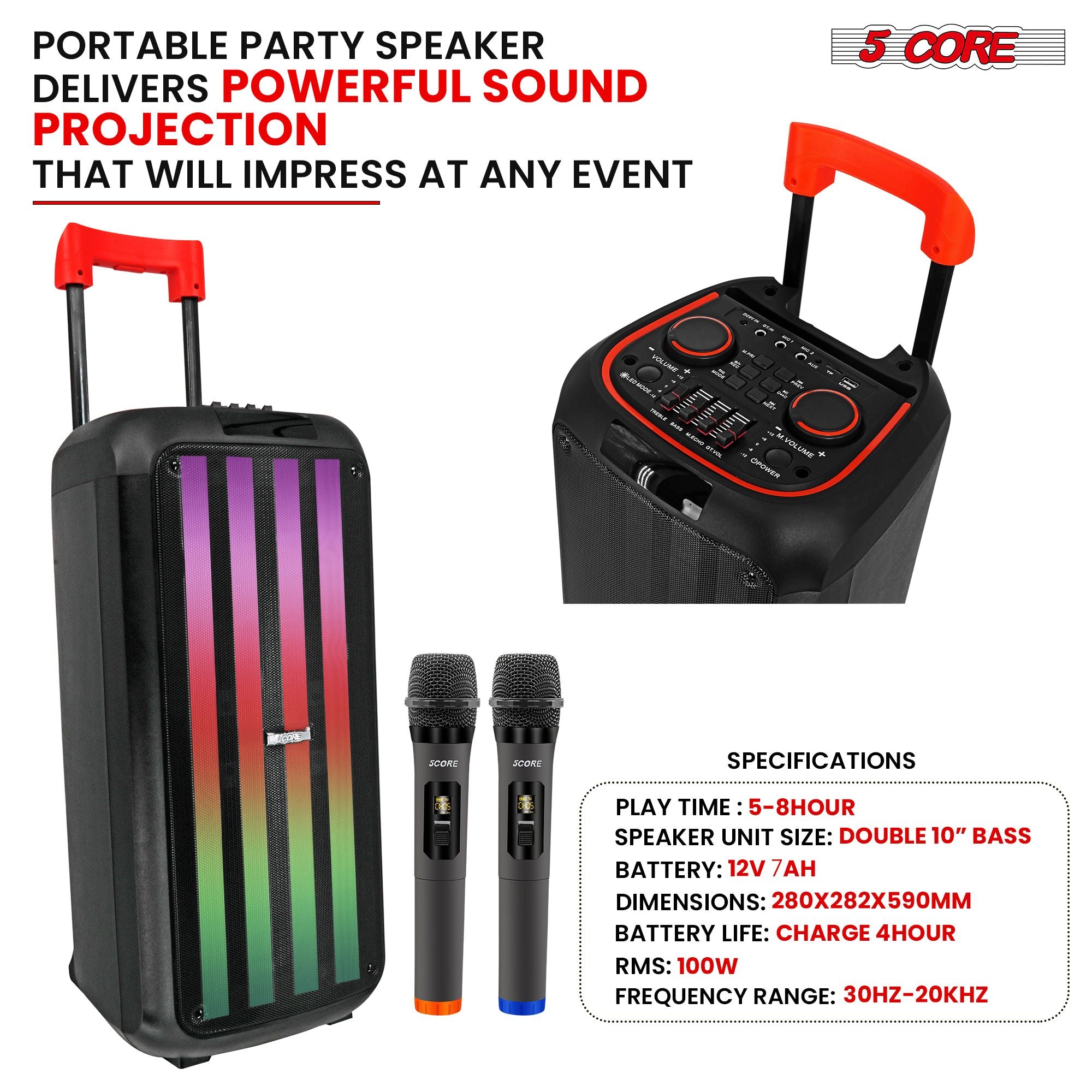 5 Core Bluetooth Speaker Karaoke Machine • 10 "3 Way Speaker • Portable Singing PA System • W DJ Light • FM + TWS + USB + SD Card + Aux + REC • Kasama sa mga tagapagsalita ng Partido ang dalawang wireless mics- plb 10x2 2MIC