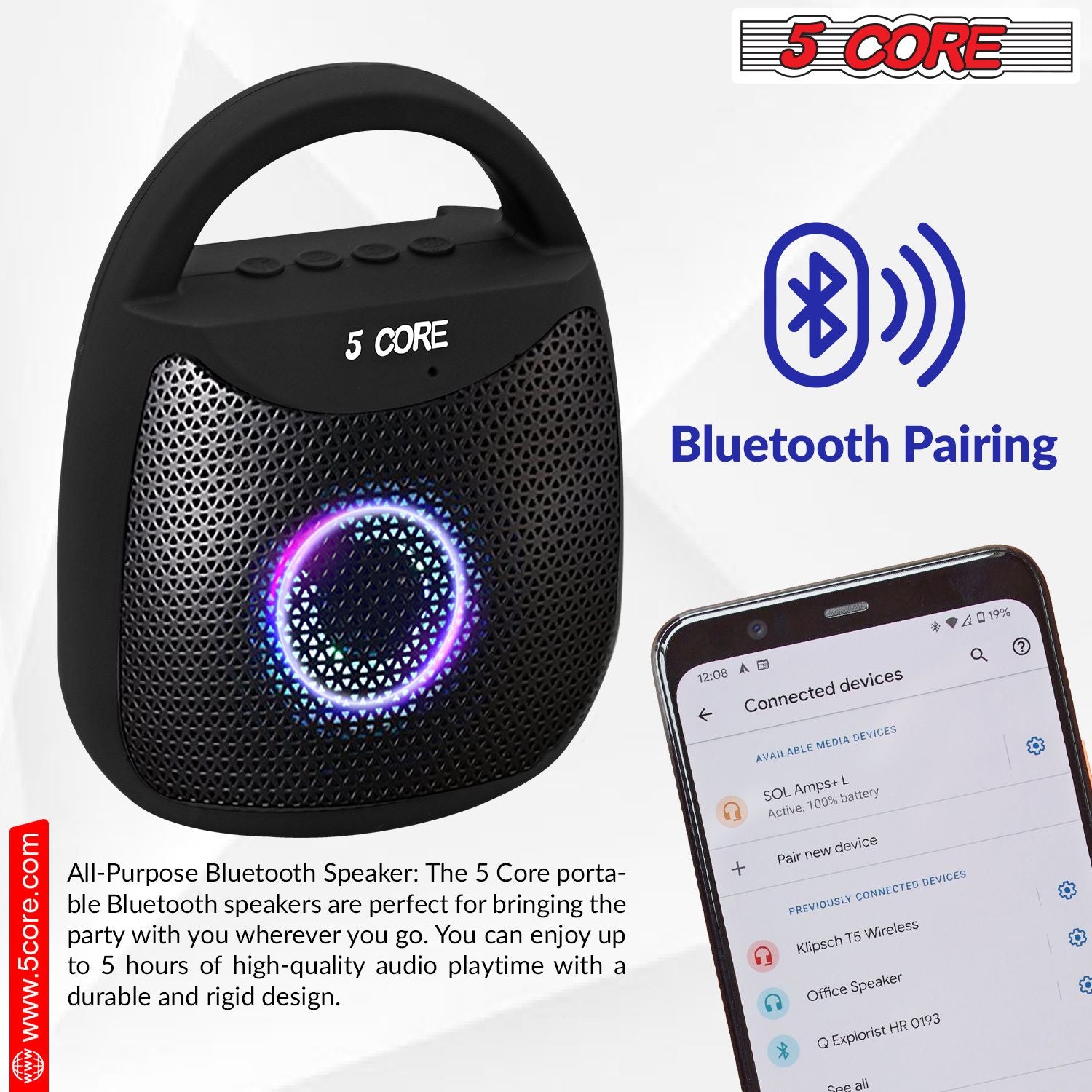 5 CORE Bluetooth Speaker Wireless Outdoor Speakers Portable Waterproof Loud Small Blue Tooth USB Bocinas for Patio Pool Party Beach Home Travel BLUETOOTH-13B