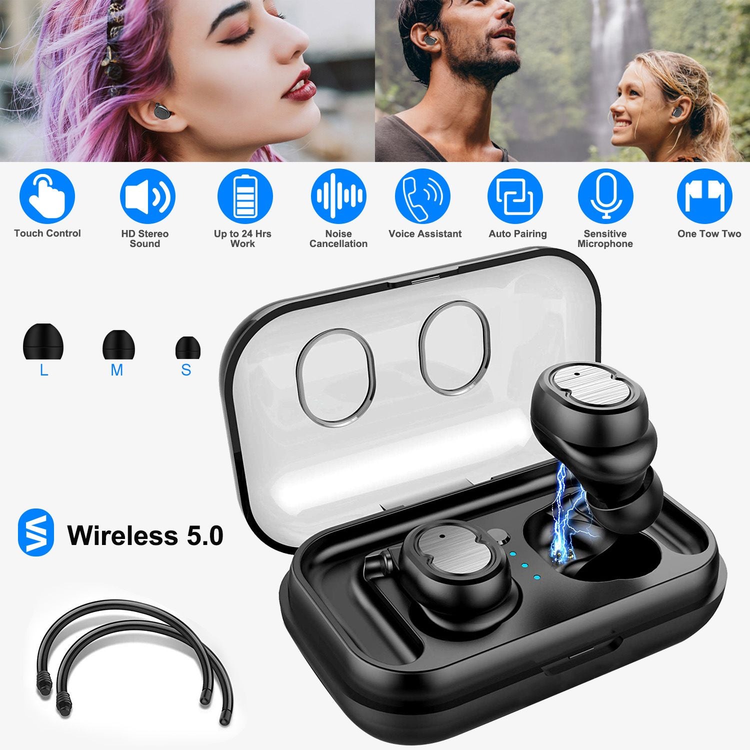 TWS Wireless 5.0 Earbuds IPX4 Touch In-Ear Stereo Earphone Noise Kanselahin ang Mga Earpieces 32.8 Ft Range ng Paghahatid