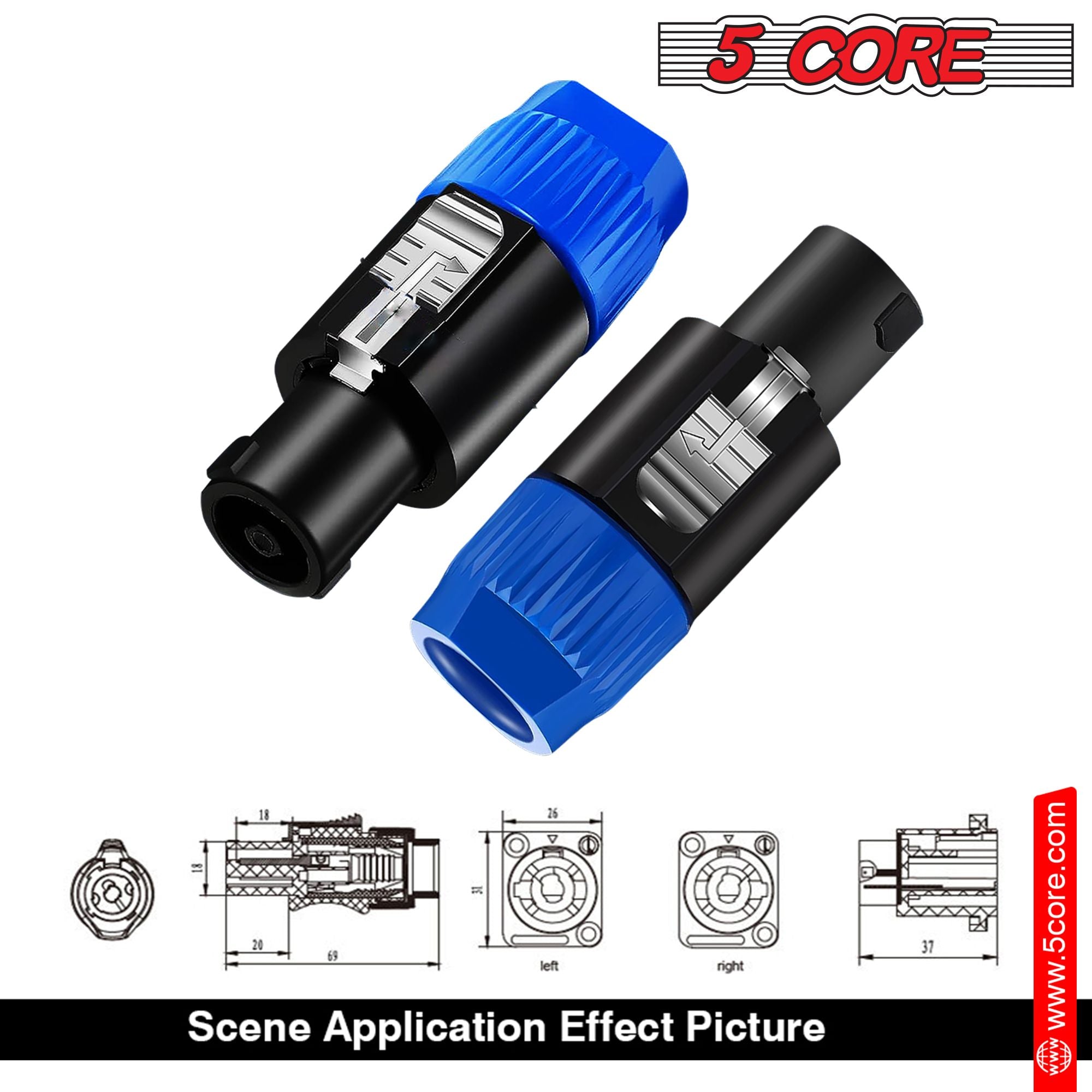 5 Core Speakon to 1/4 inch Adapter/Upgraded 1/4" Female to Male Connectors/ 4 Pole Locking Speakon Cable Mount Connector/Speak-On Connectors Speaker/Amplifier/Mixer