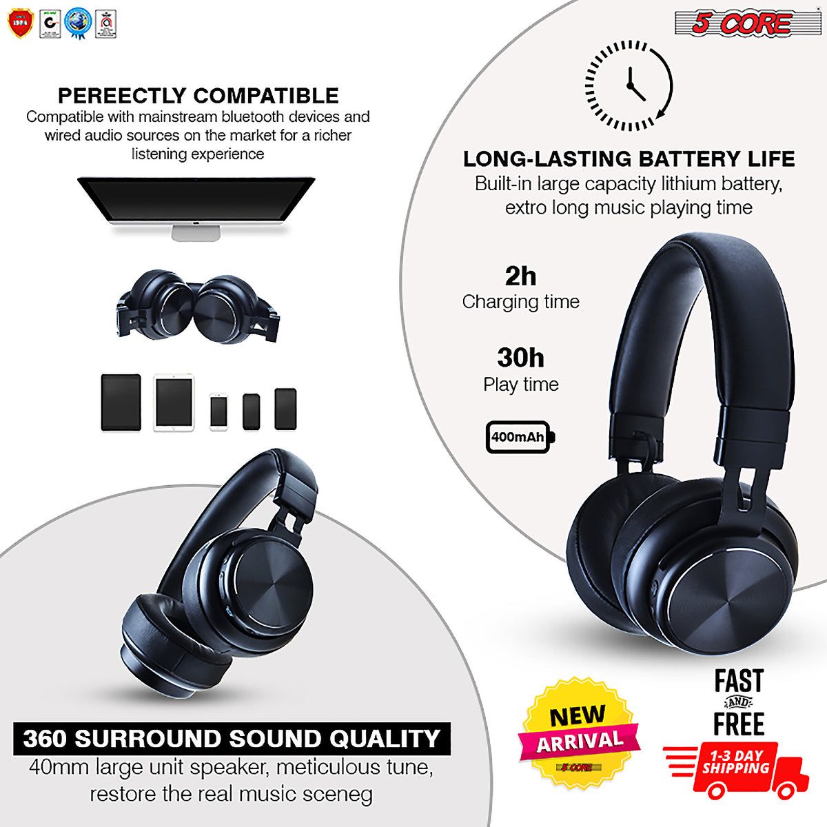 5 CORE Wireless Headphones Bluetooth Over Ear Hi Fi Stereo with Microphone and Volume Control Foldable Perfect Yoga Sports Office Gym - Headphone 13 B