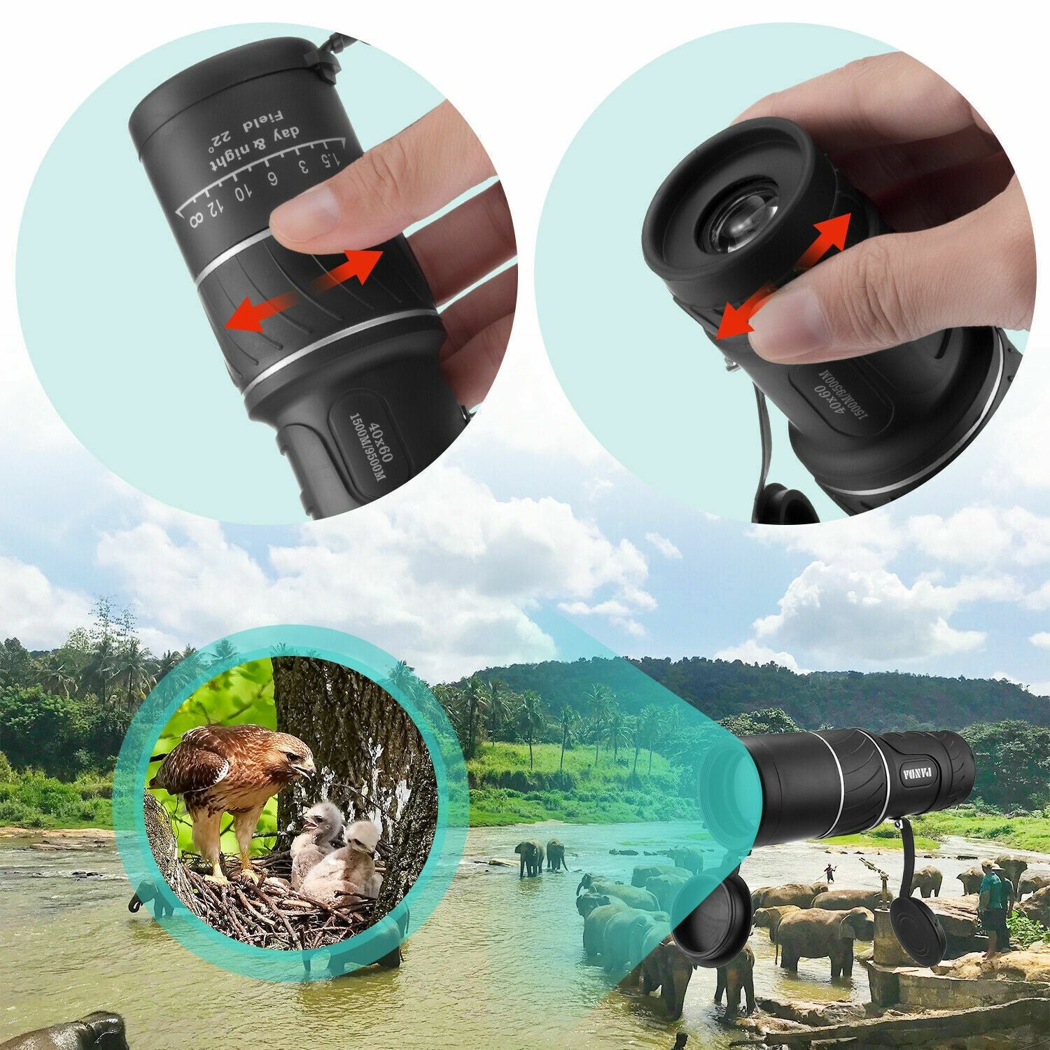 40x60 DIA VISÃO NOTIVA HD HD Optical Monocular Camping Camping Telescópio Vida à prova d'água, monocular anti-FOG Adequado para observar os animais da natureza