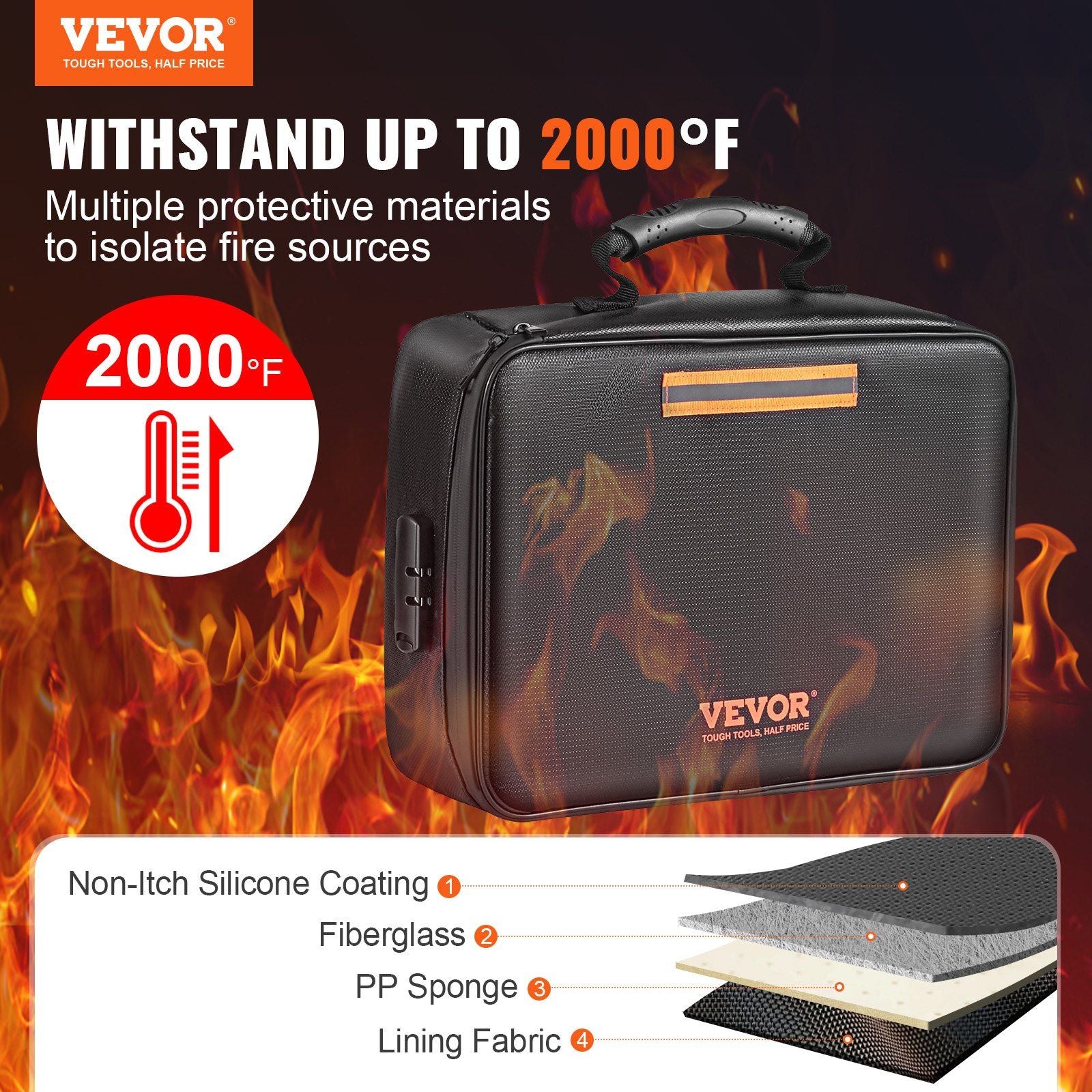 VEVOR Fireproof Document Box, Fireproof Document Bag with Lock 2000°F, 3-layer Fireproof and Waterproof File Box 14.17x10.63x4.13 inch with Zipper, for Money, Documents, Jewelry and Passport