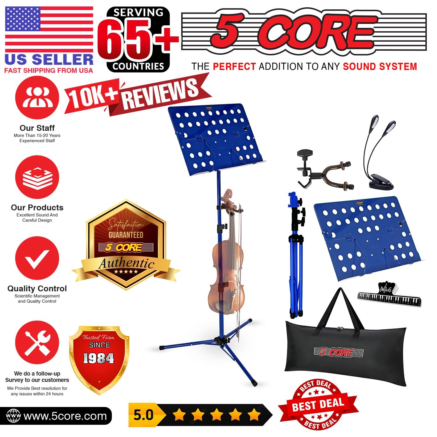 5 Core Music Stand For Sheet Music Height Adjustable Portable Folding Atril Para Partituras w Light Clip for Guitar Players Violinists Cellists Pianists - MUS FLD HD ACC BLU