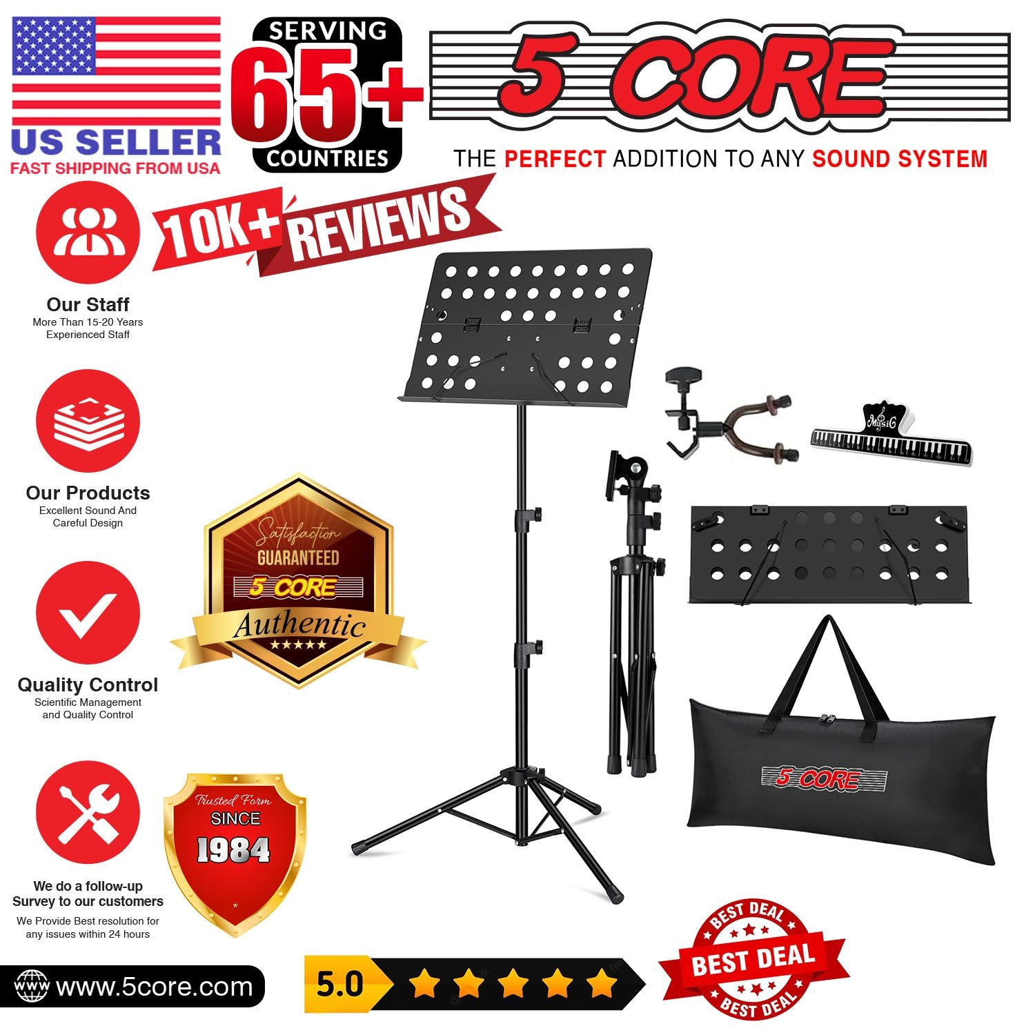 5 Core Music Stand For Sheet Music Height Adjustable Portable Folding Atril Para Partituras w Light Clip for Guitar Players Violinists Cellists Pianists - MUS FLD HD ACC BLK