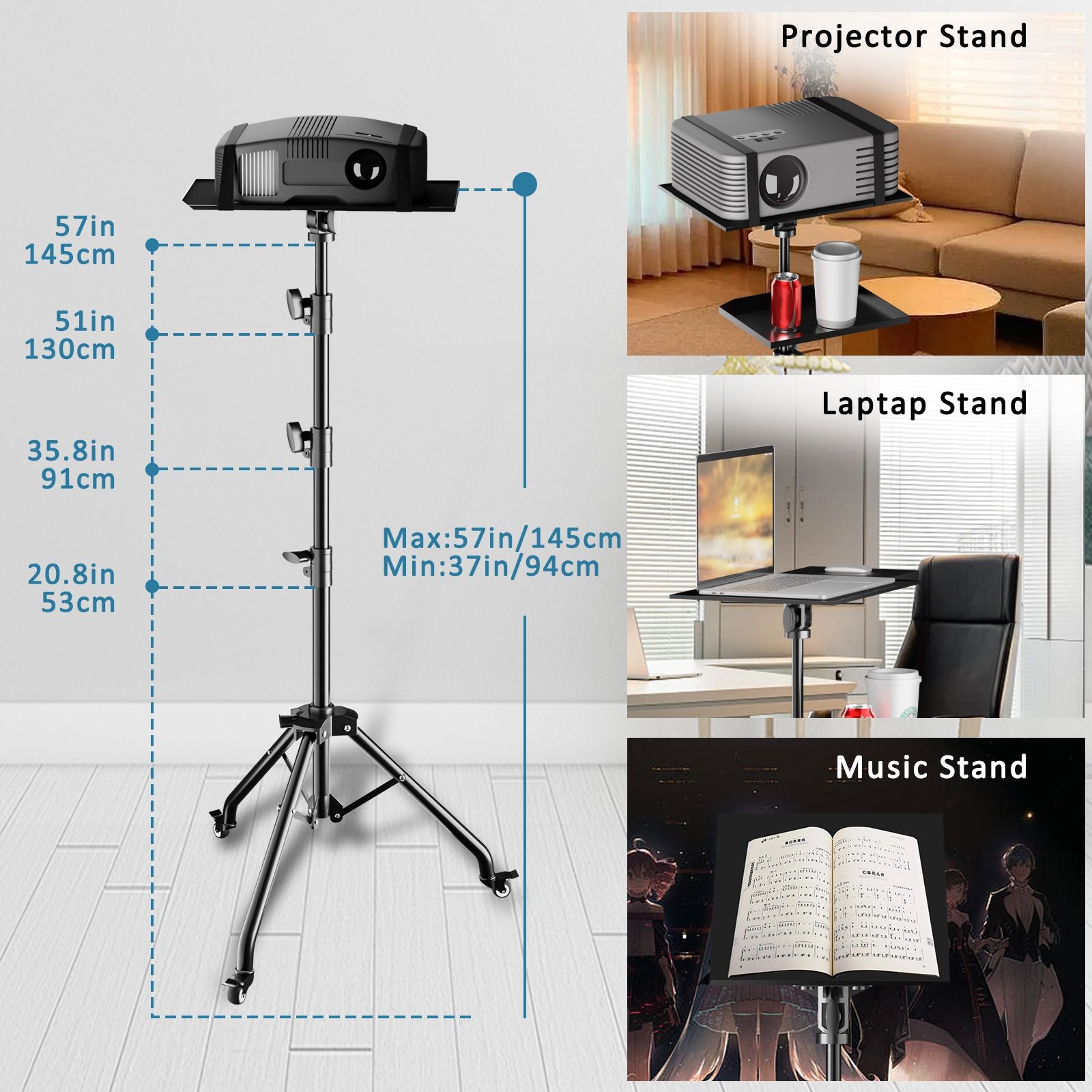 145 cm Projecteur Tripod Stand ordinateur portable Trépied Hauteur réglable de 23 à 63 "Bureau debout Stand de bureau d'ordinateur extérieur pour studio