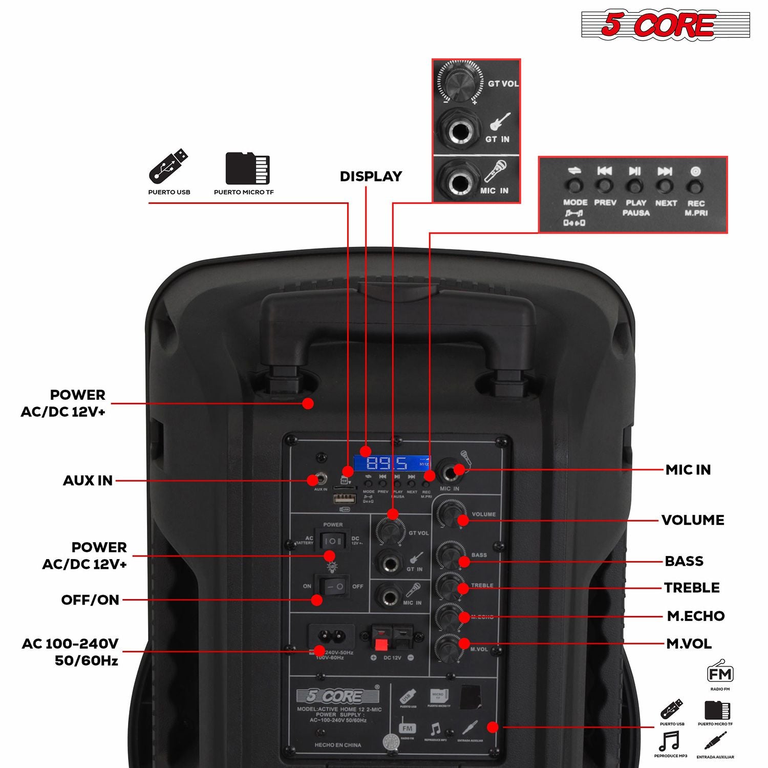 5 CORE 12 Inch TWS PAIR Bluetooth Party Speakers 500 Watt Portable Karaoke PA System Rechargeable Loud Speaker + Tripod Stand & 2x Wireless Mics LED Light : Active Home 12 2-MIC