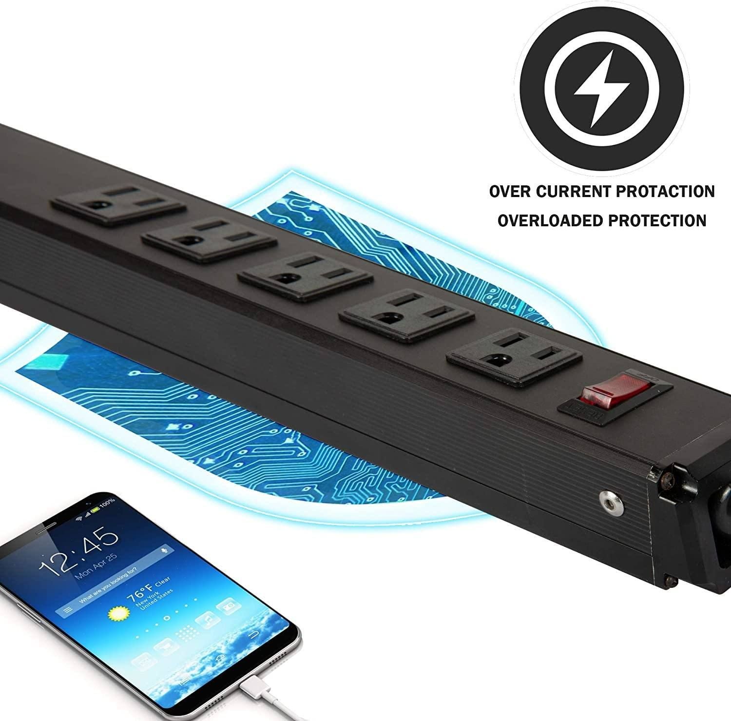 Power Strip 2pcs Surge Protector 5-Outlet con 2 porte USB (5 V/2.4A); Prolunghe intrecciate da 6 piedi