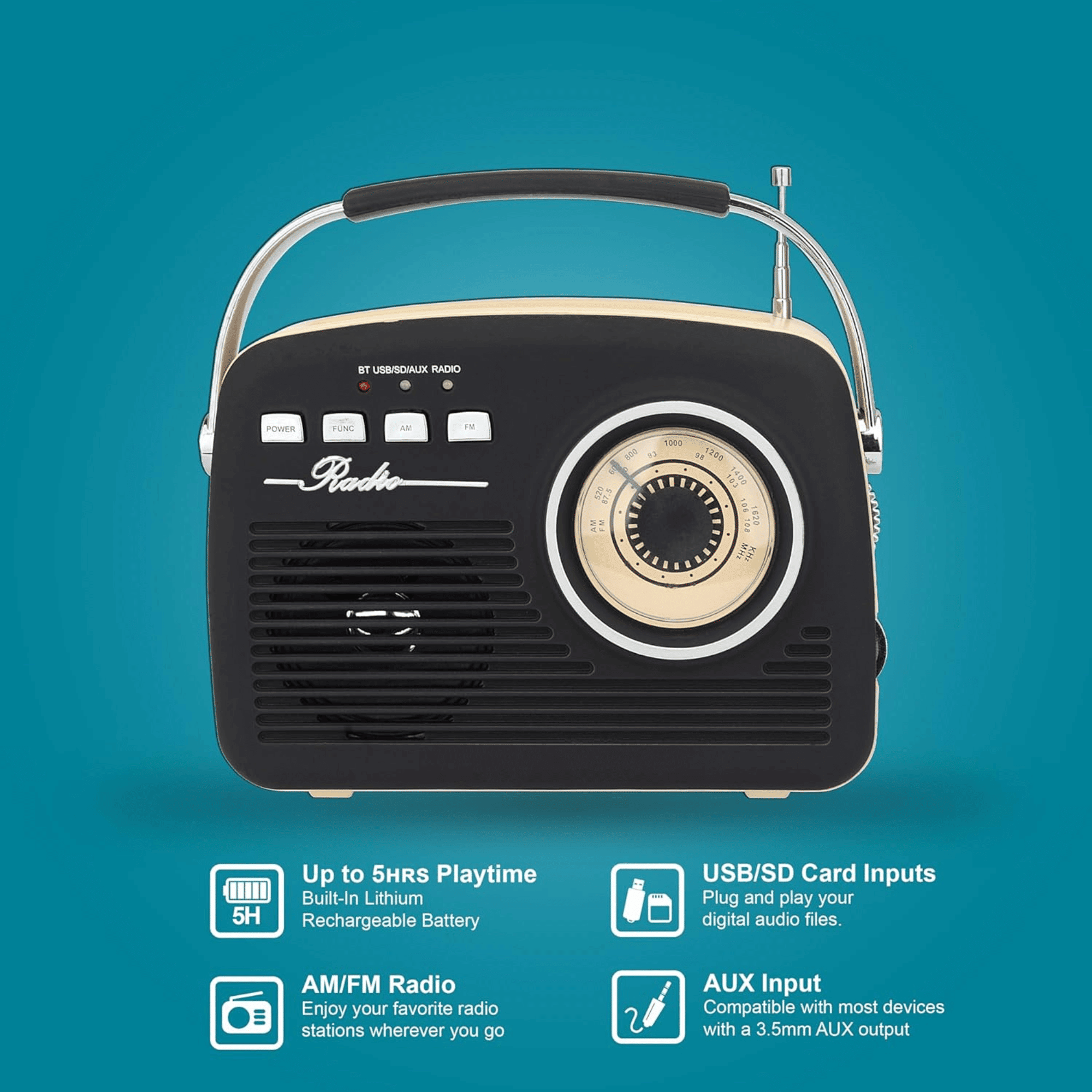 Supersonic Multi-Function Bluetooth Retro Speaker with Rechargeable Battery