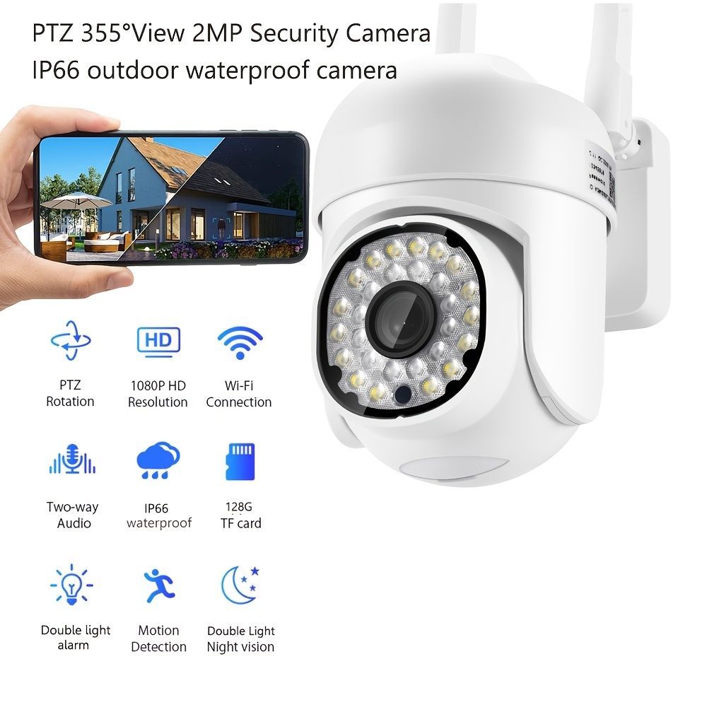 Kamera Keamanan Outdoor - 1080p Color Night Vision Wireless WiFi Home Video Surveillance Pan & Tilt 360 ° View; Pelacakan otomatis peringatan pintar; Audio 2 arah; Tahan cuaca tanpa kartu TF/SD