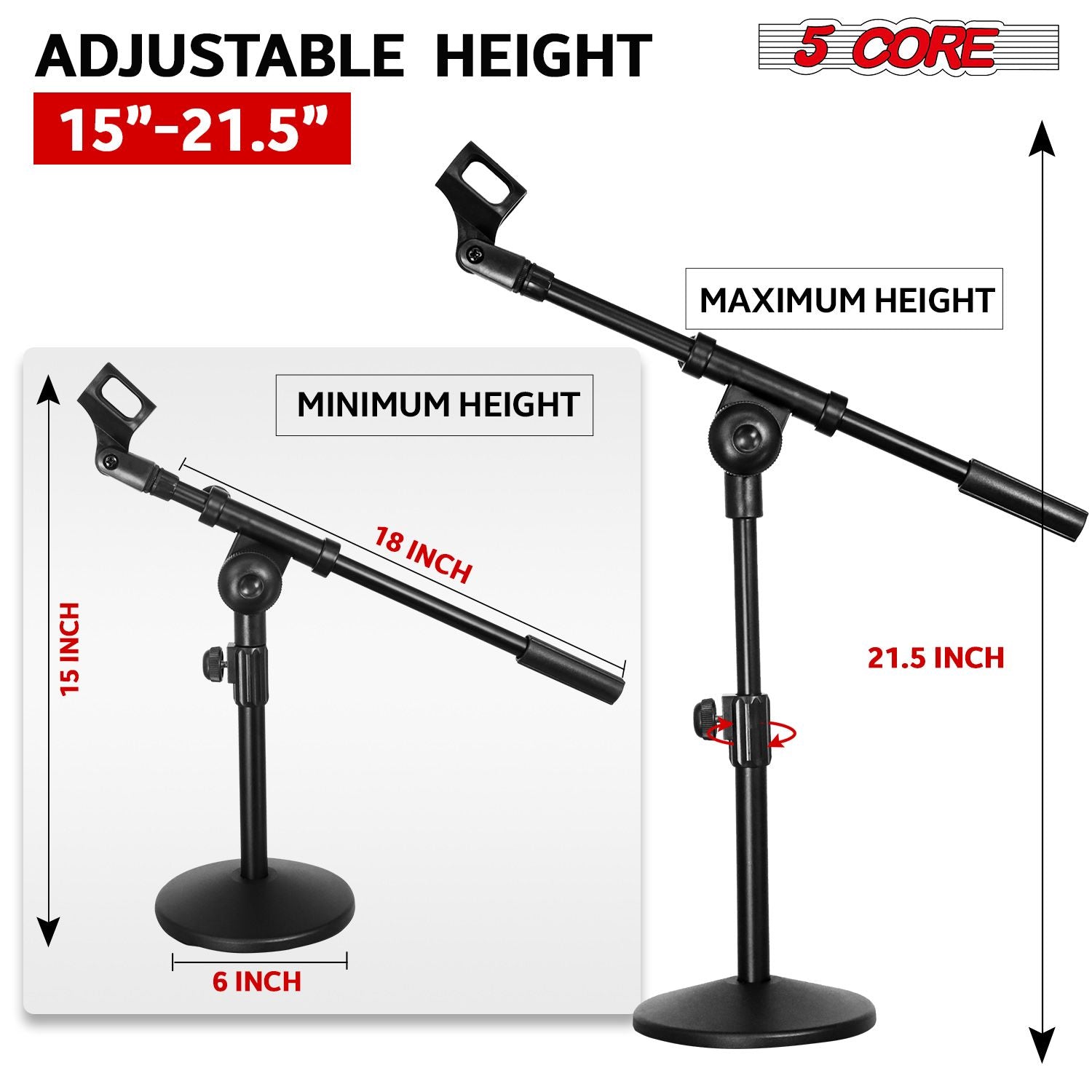 5 Core Desk Microphone Stand Black • Adjustable Height Extendable Boom Arm • Table Mic Holder w Round Base Anti Slip Pad • Universal Mic Clip and 3/8'' and 5/8'' Thread Adapter- MSSB