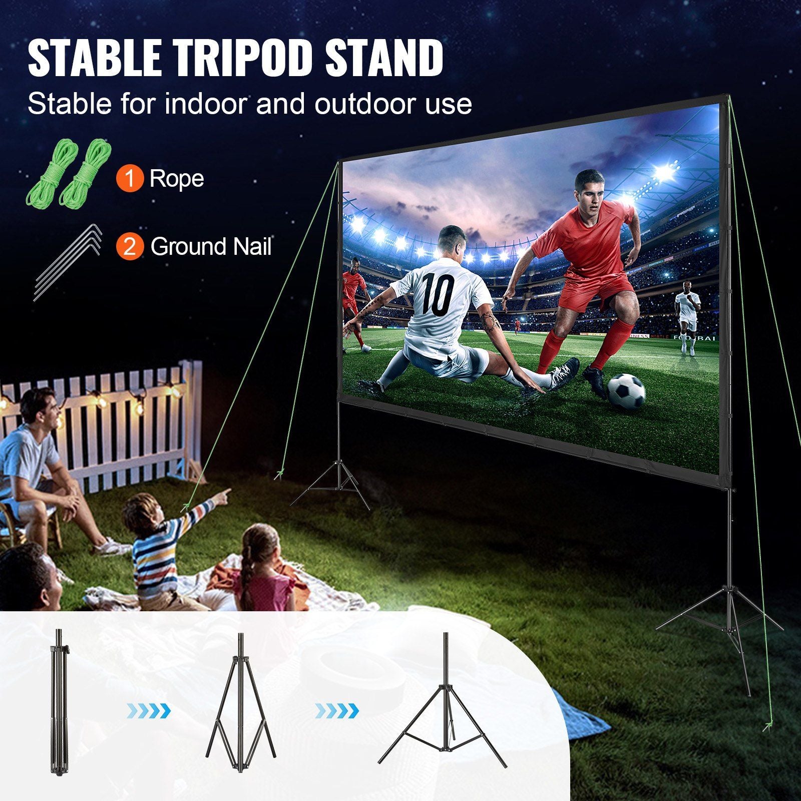 Vevor Projector Screen mit Stand, 150 Zoll 16: 9 4K 1080 HD Outdoor-Filmbildschirm mit Stand, faltenfreier Projektionsbildschirm mit Stativen und Tragetasche für das Heimkino-Hinterhof-Film Nacht