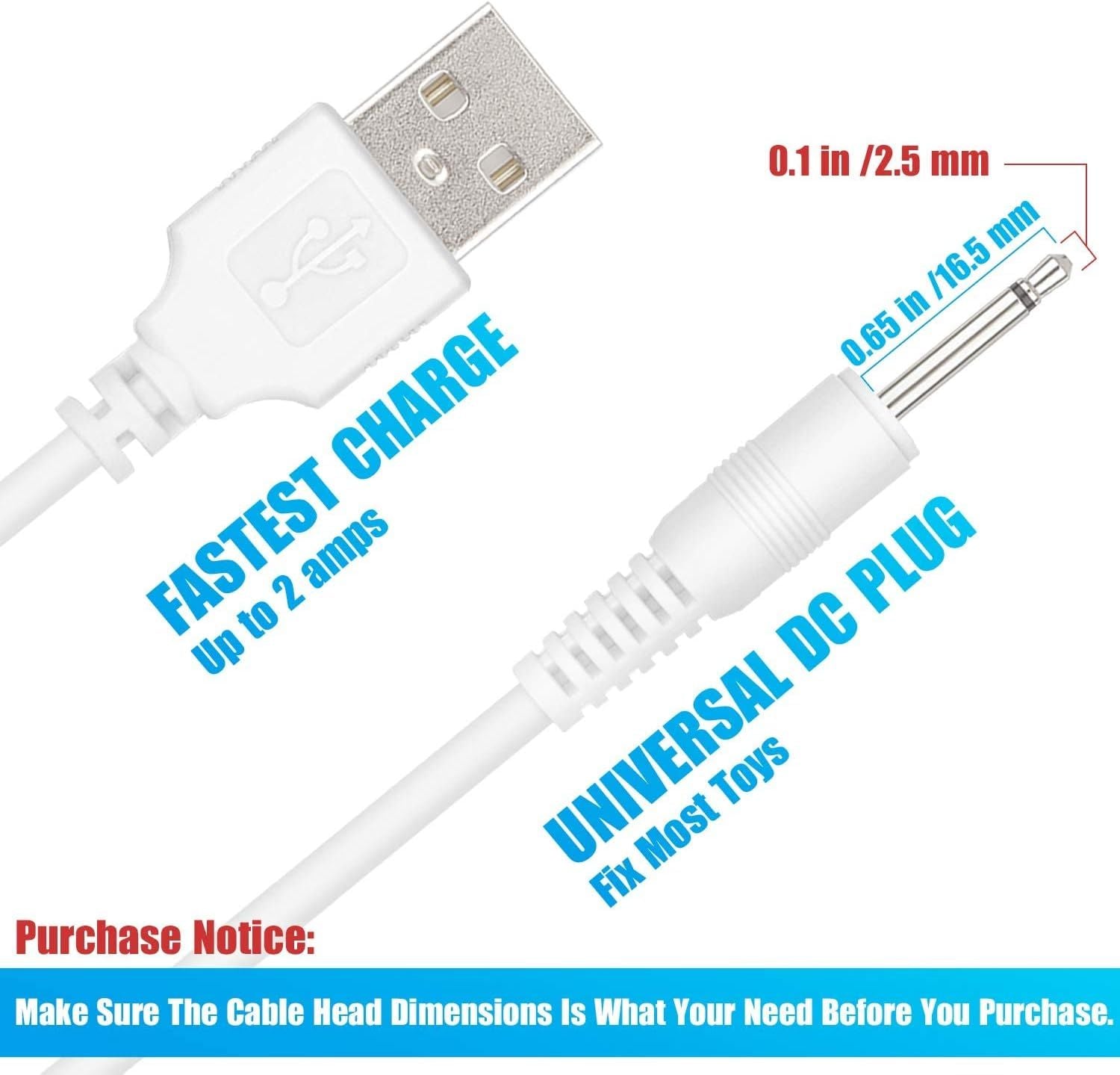 3 Pack Replacement DC Charging Cable 2.5mm with Fast DC USB Charger Cable Cord Adapter Technology for Universal Vibrating Wand Massagers and Toys, 2ft White