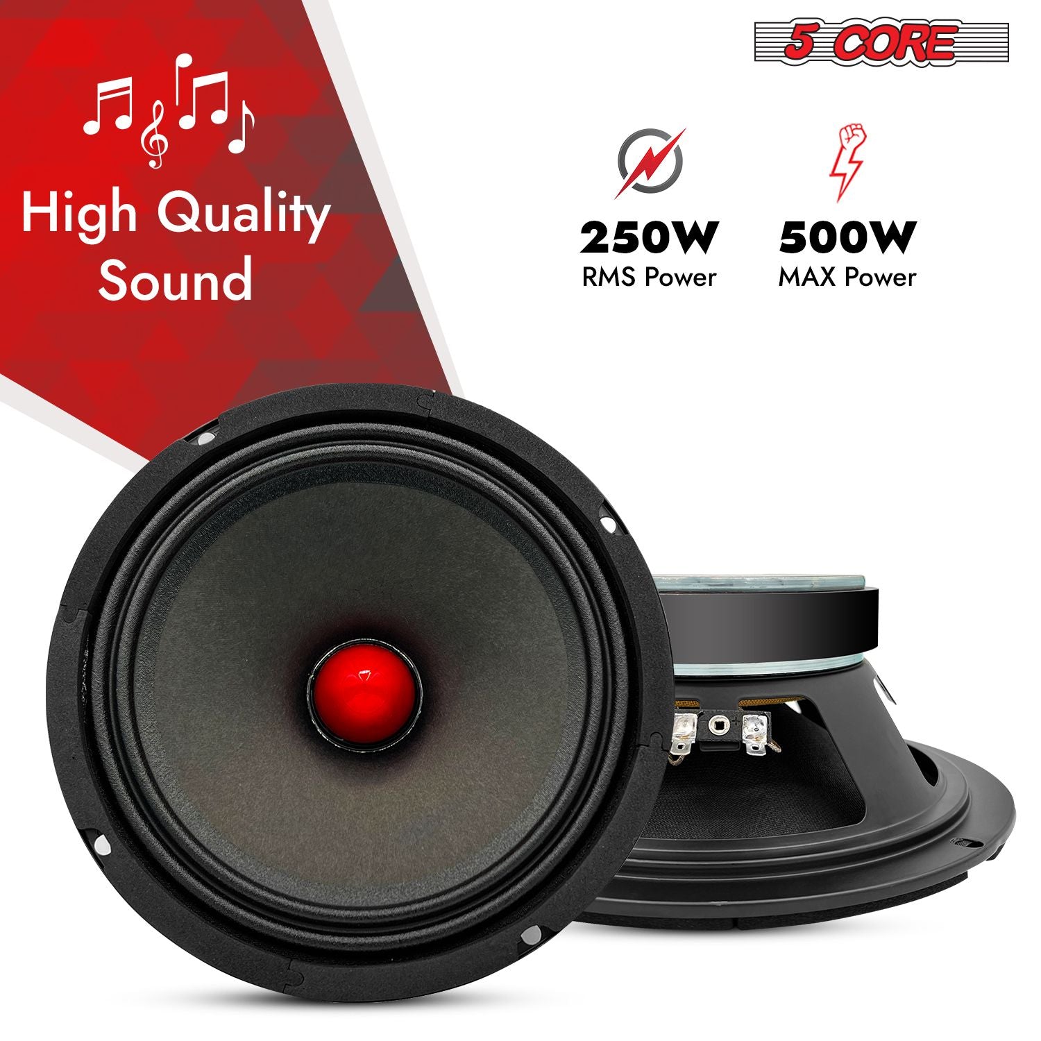 5 CORE 8 tum Mid Range Bullet Pro Audio Car Högtalare Red Aluminium Bullet Houdspeaker 500W Max 8 Ohms - Premium Quality Audio Door Högtalare för bil eller lastbil Stereo -ljudsystem MR 8 BLT 8OHM