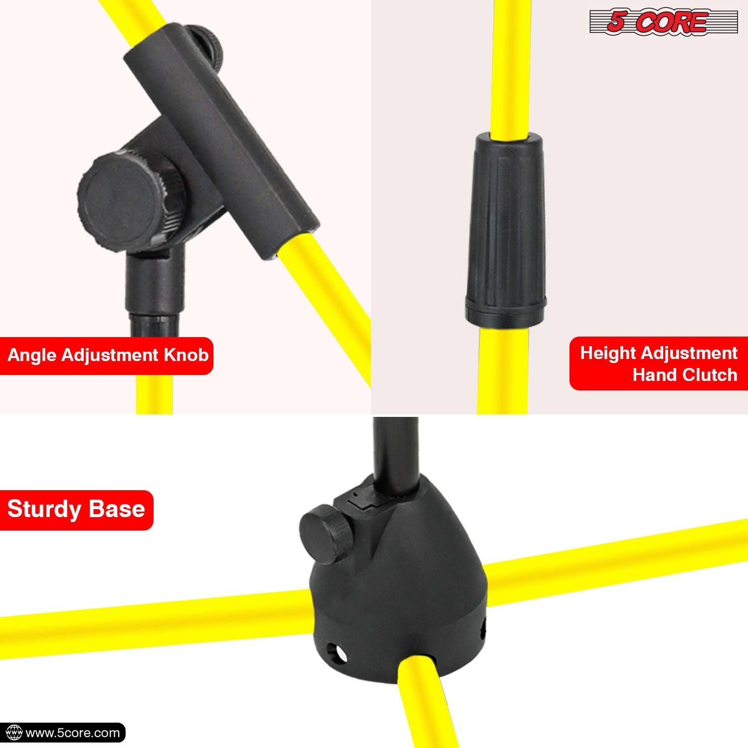 5 Core Tripod Mic Stand Floor Adjustable 18 hanggang 72 Inches Sturdy Boom Arm Holder Microphone Stands Pedestal Para Microfono Para sa Pag -awit ng MS 080 YLW